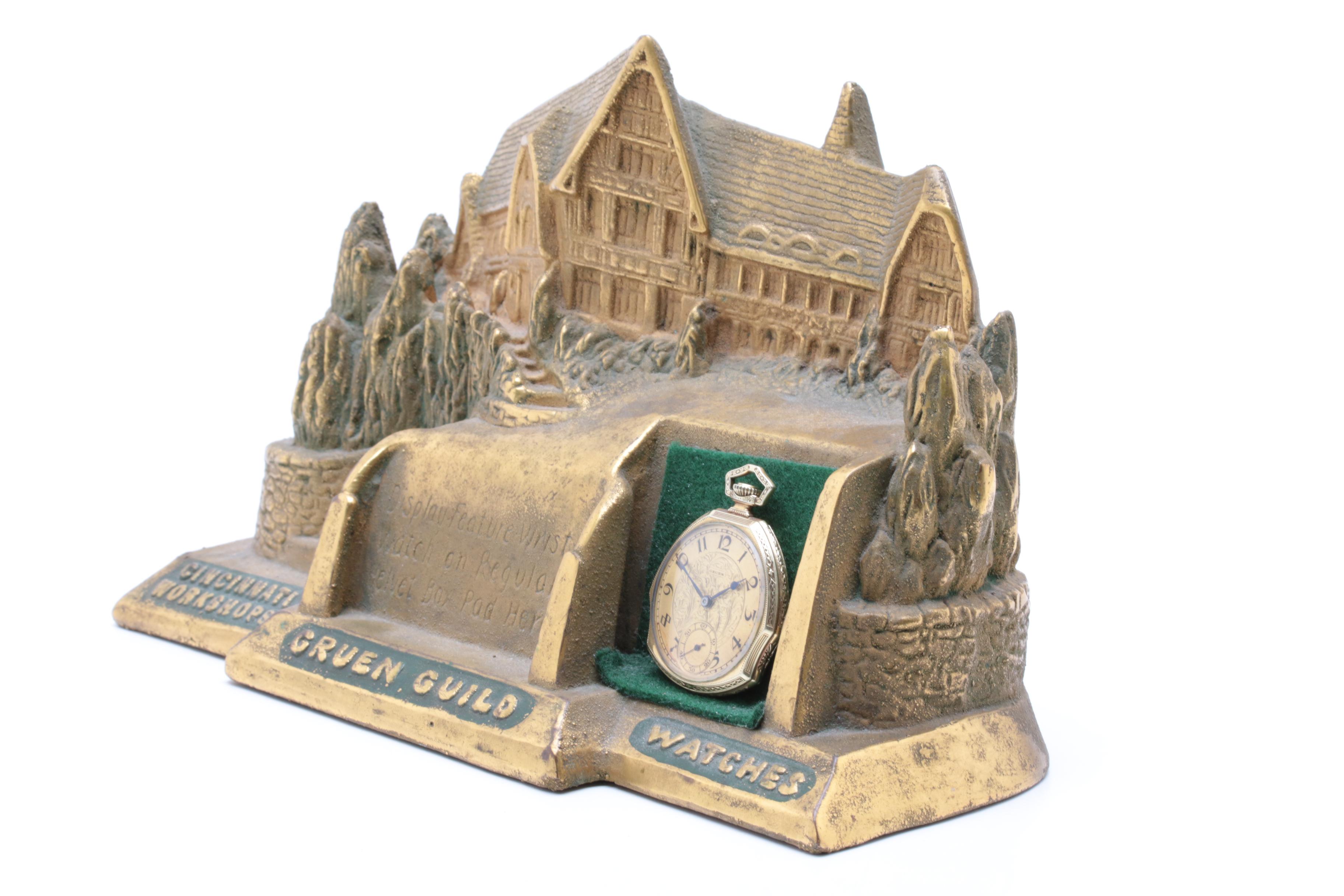 Vintage Gruen Gold Filled Patented Shape Pocket Watch and Time Hill Display