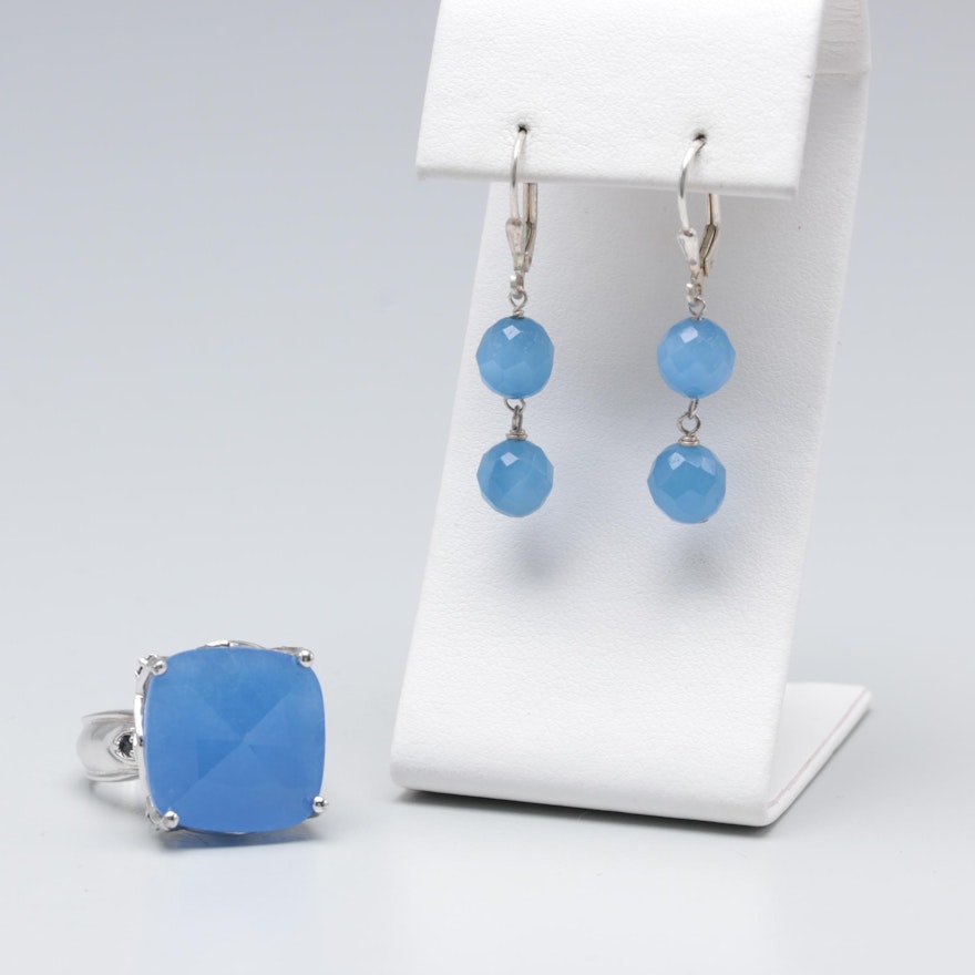 Sterling Silver Glass, Blue Sapphire and Blue Jadeite Ring and Earrings