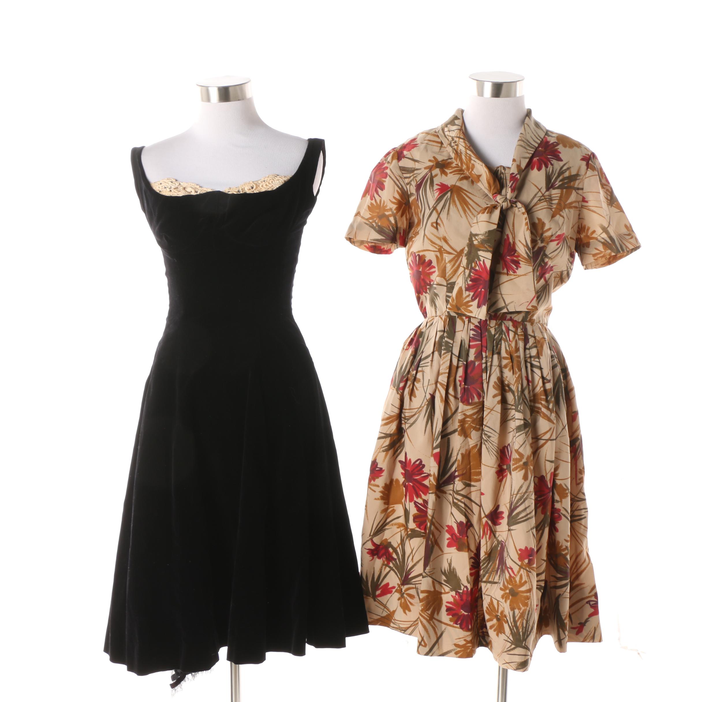 1950s Vintage Sakowitz Velvet Cocktail Dress and Stacy Ames Silk Casual Dress