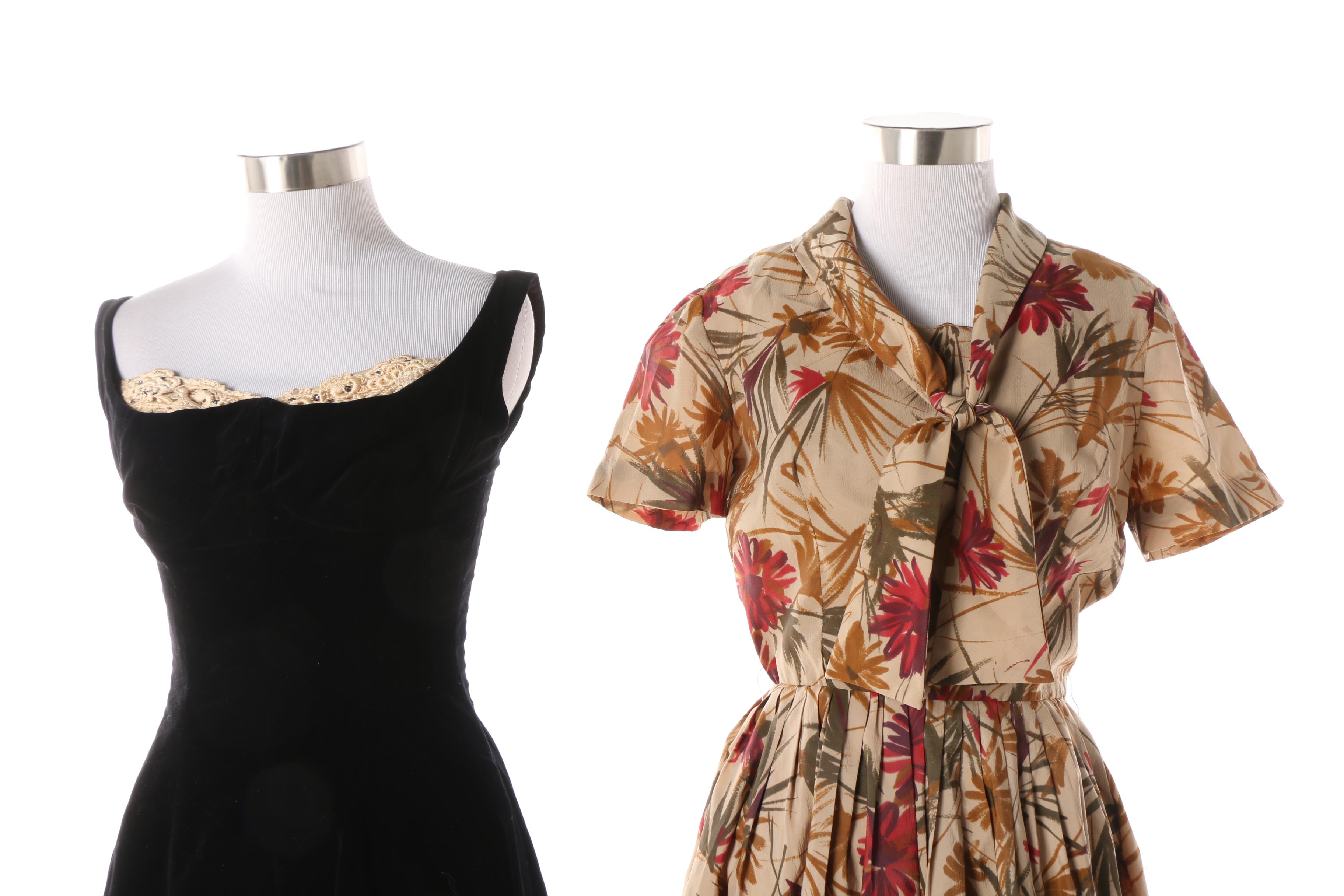 1950s Vintage Sakowitz Velvet Cocktail Dress and Stacy Ames Silk Casual Dress