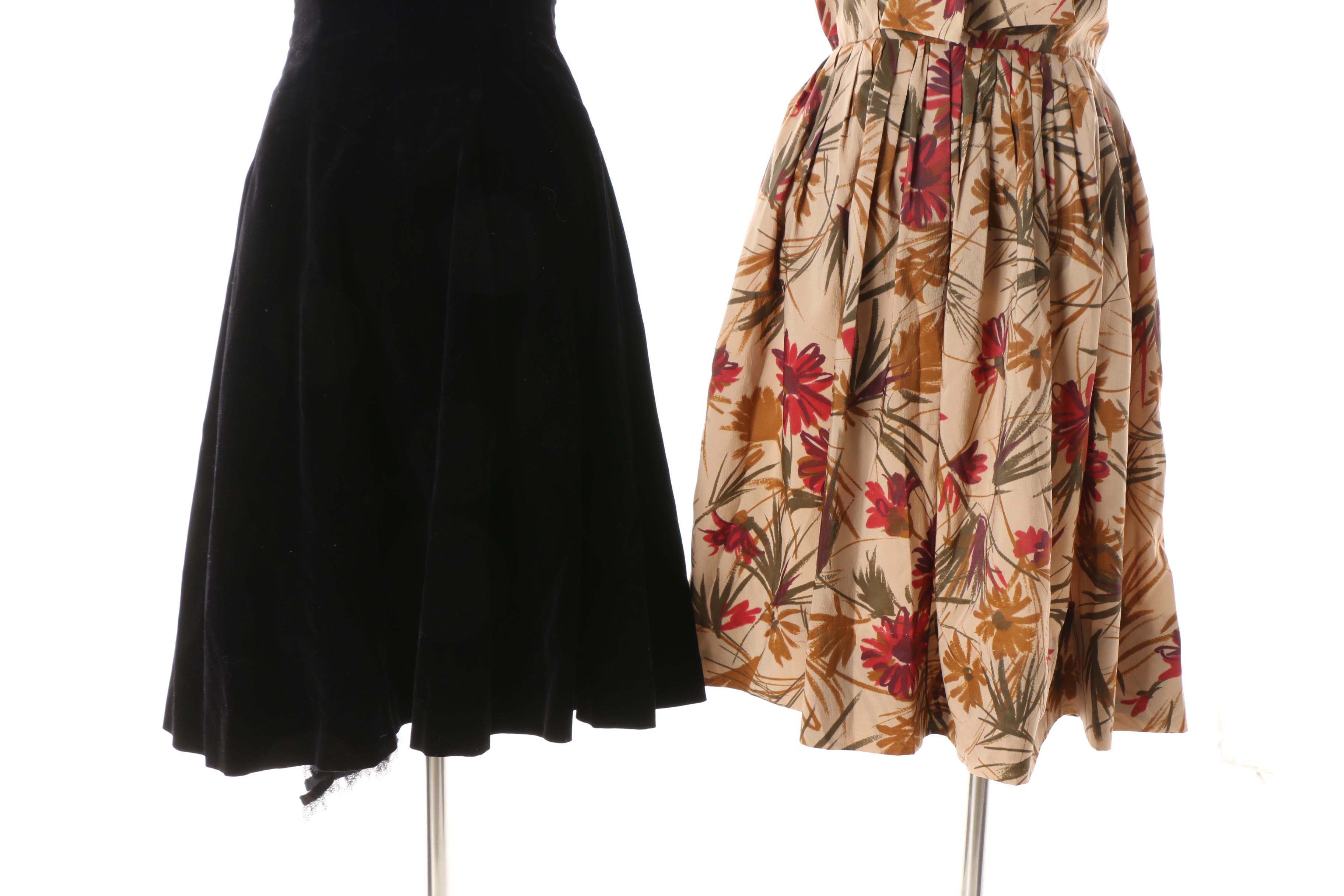 1950s Vintage Sakowitz Velvet Cocktail Dress and Stacy Ames Silk Casual Dress