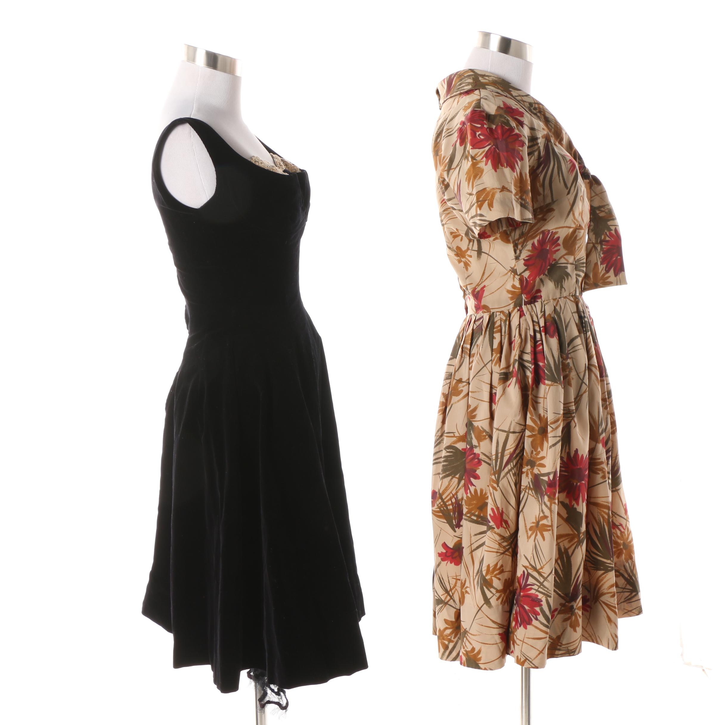 1950s Vintage Sakowitz Velvet Cocktail Dress and Stacy Ames Silk Casual Dress