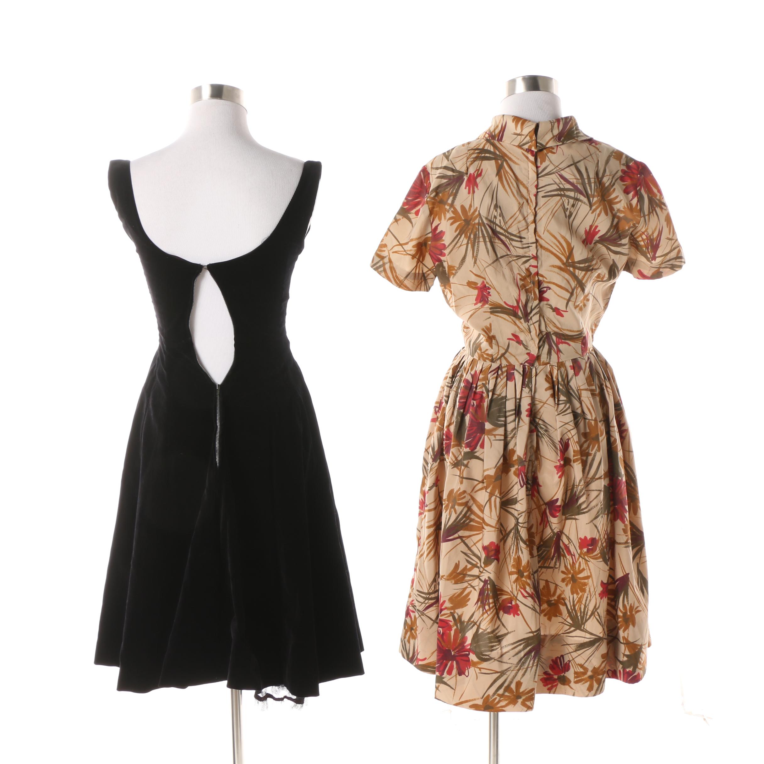 1950s Vintage Sakowitz Velvet Cocktail Dress and Stacy Ames Silk Casual Dress