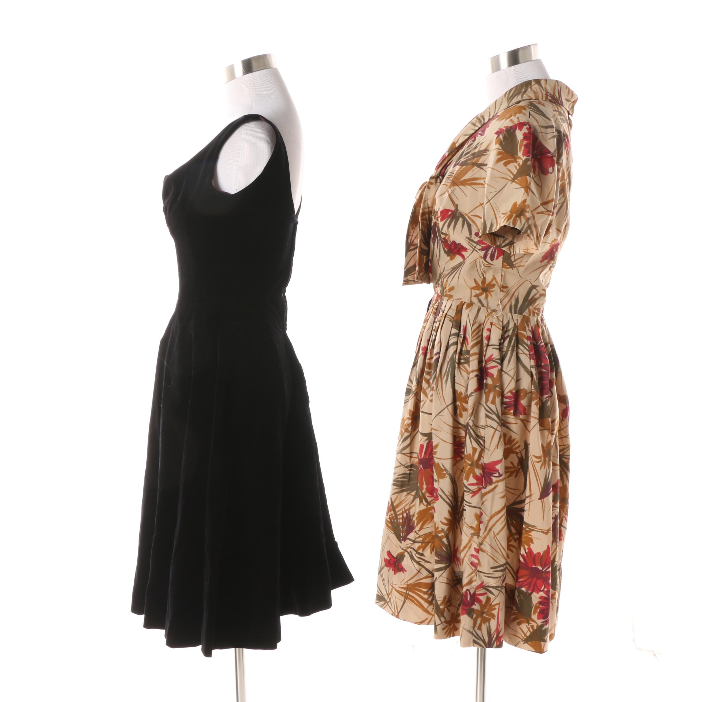 1950s Vintage Sakowitz Velvet Cocktail Dress and Stacy Ames Silk Casual Dress