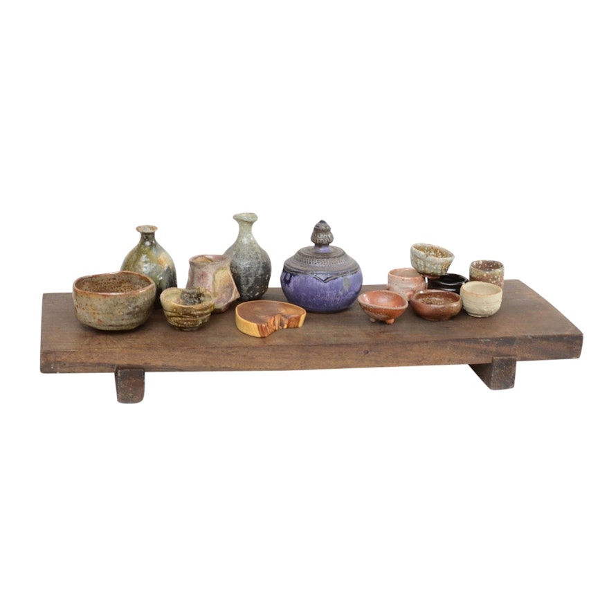 Stoneware Tea and Sake Bowls with Wooden Plank Serving Tray