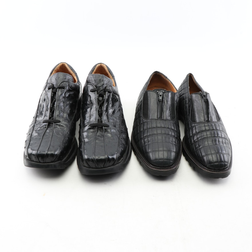 Men's Bernini Collection Black Ostrich and Mezlan Quilted Black Leather Shoes