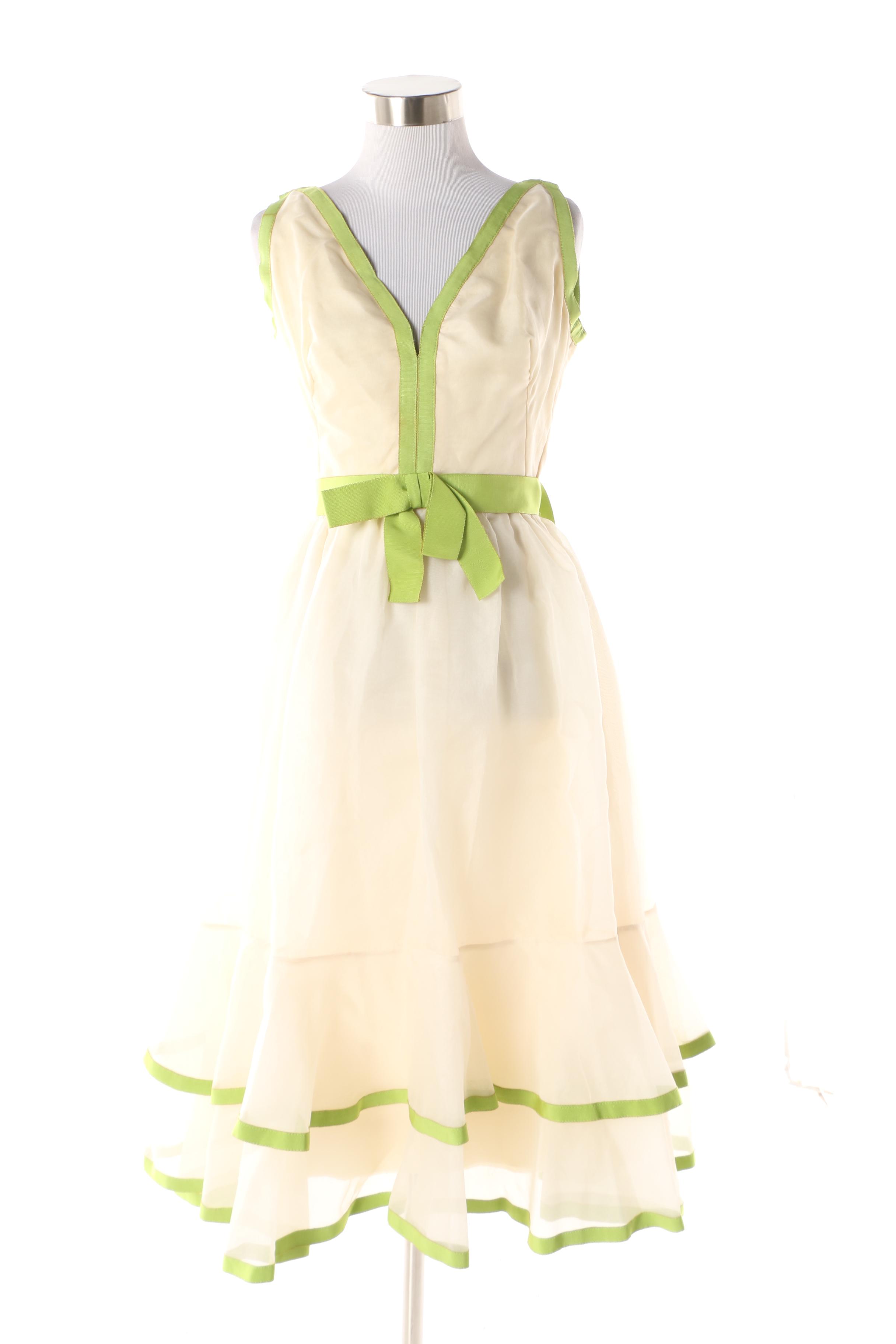 1970s Shannon Rodgers for Jerry Silverman Green and Ivory Dress and Shawl