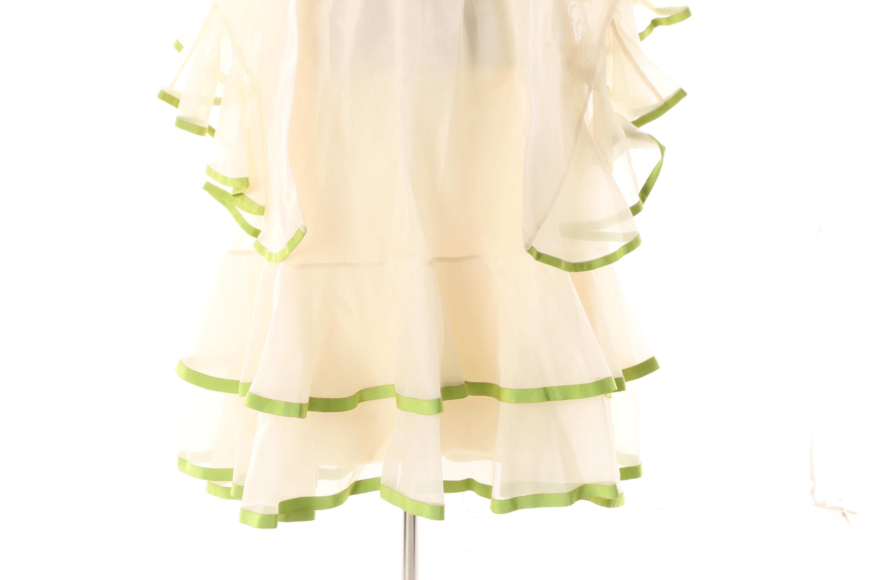 1970s Shannon Rodgers for Jerry Silverman Green and Ivory Dress and Shawl