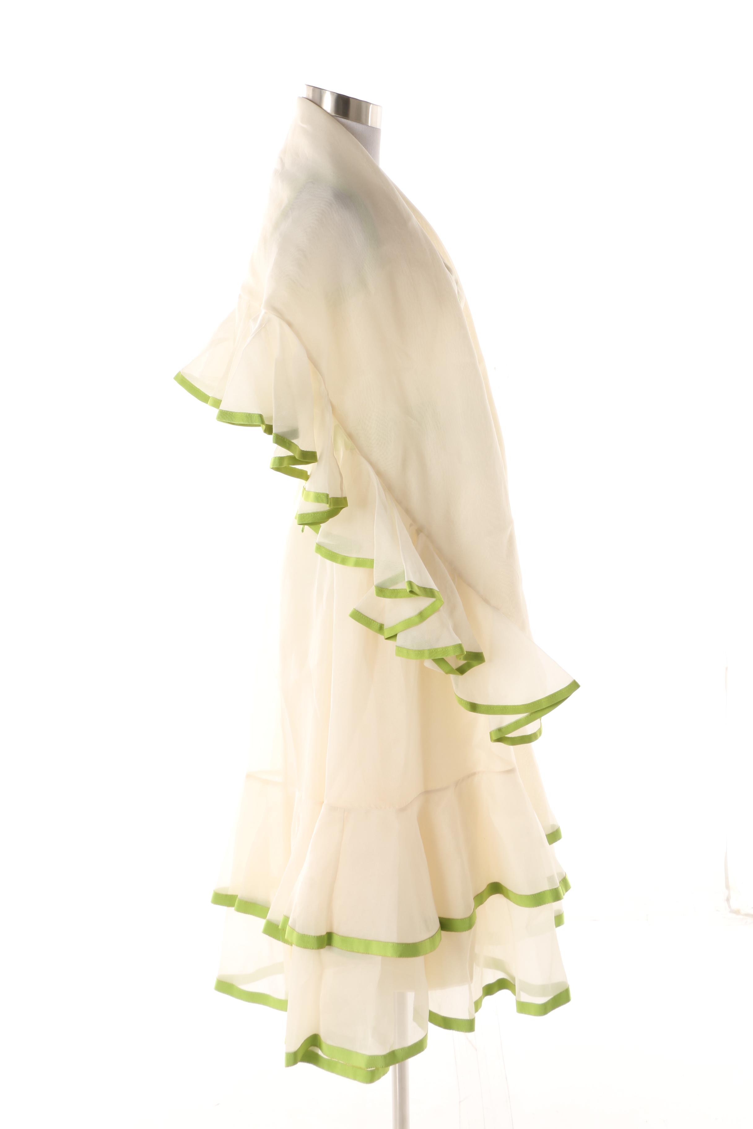 1970s Shannon Rodgers for Jerry Silverman Green and Ivory Dress and Shawl
