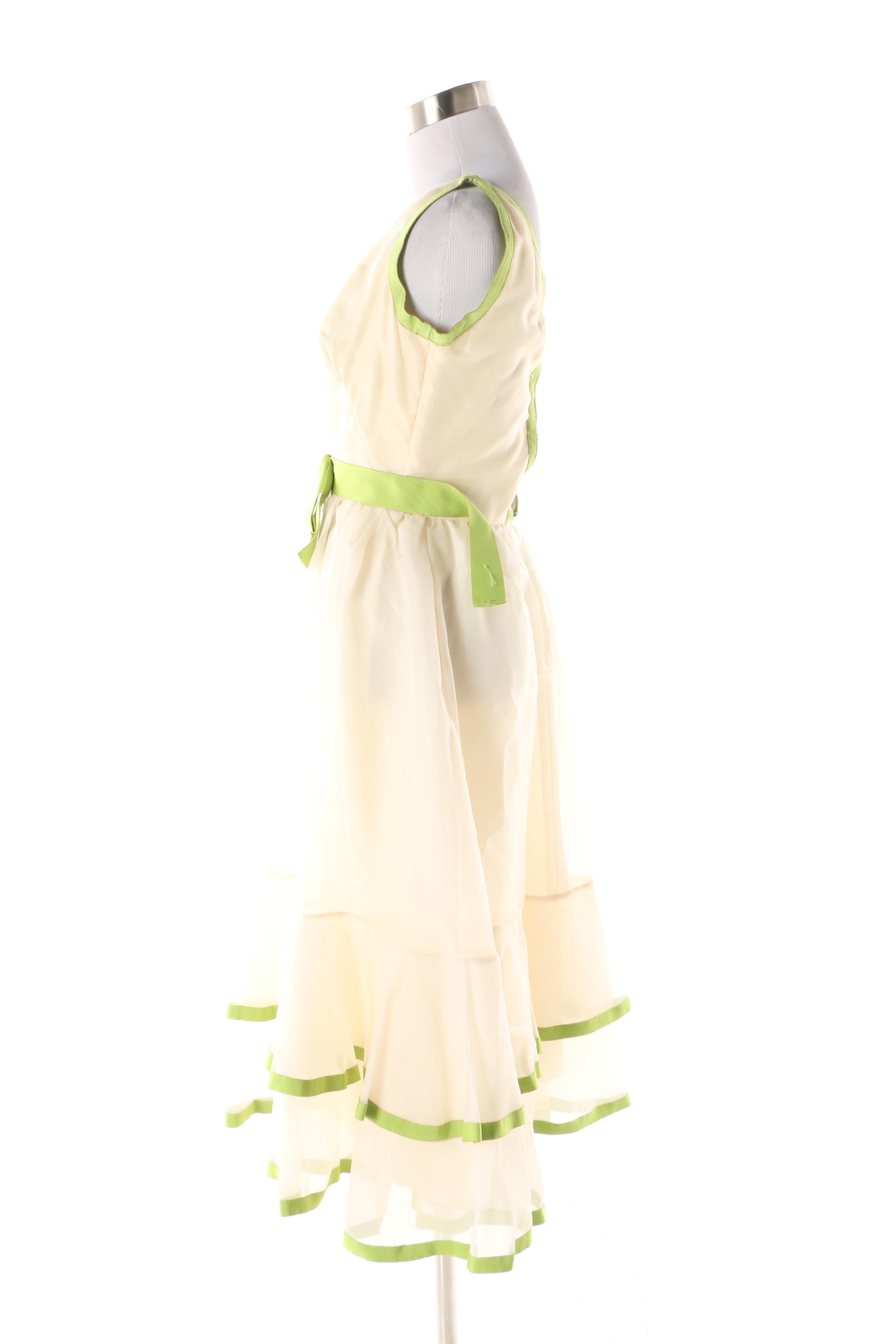 1970s Shannon Rodgers for Jerry Silverman Green and Ivory Dress and Shawl