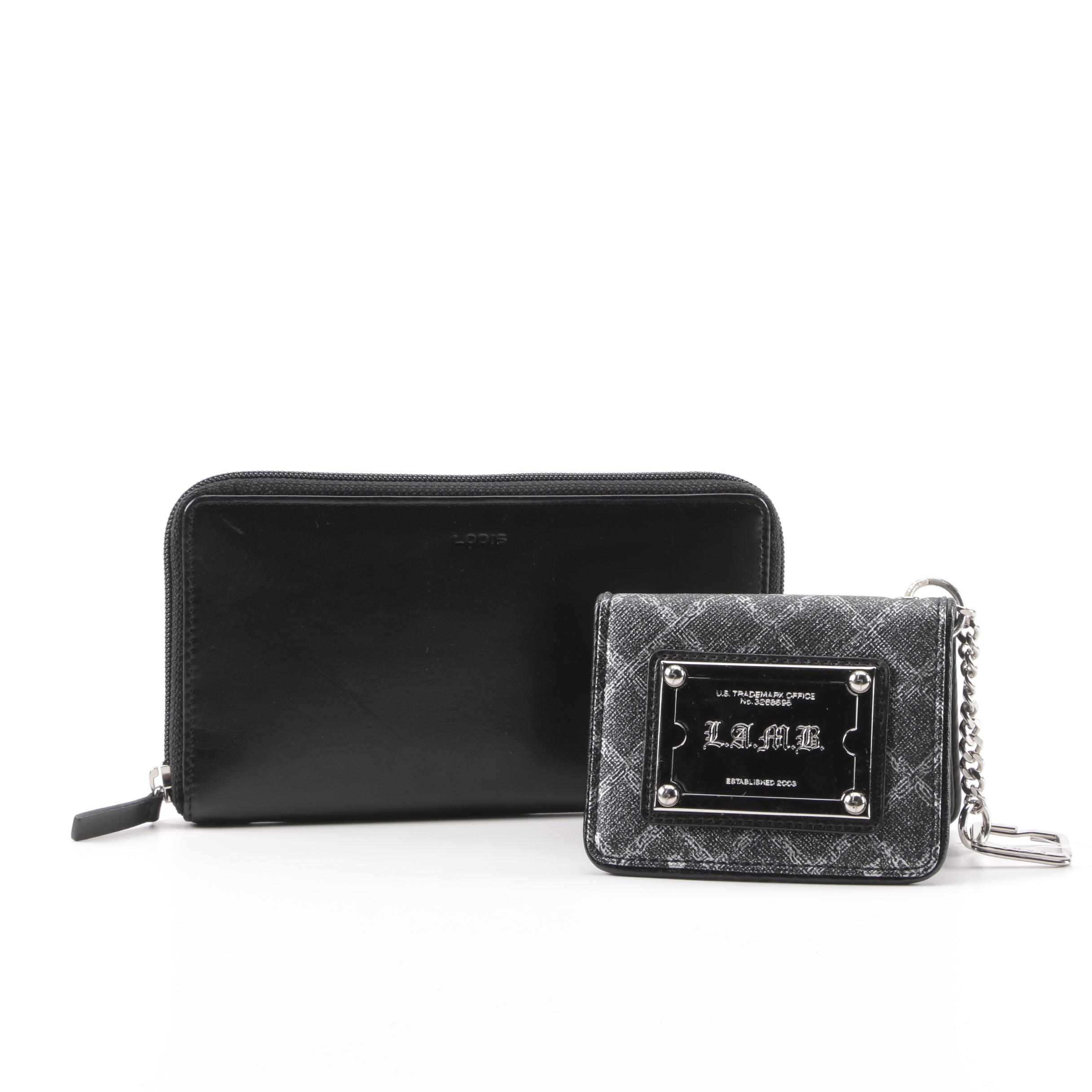 Lodis Black Leather Zipper Wallet and L.A.M.B. Saffiano Leather Keychain Wallet