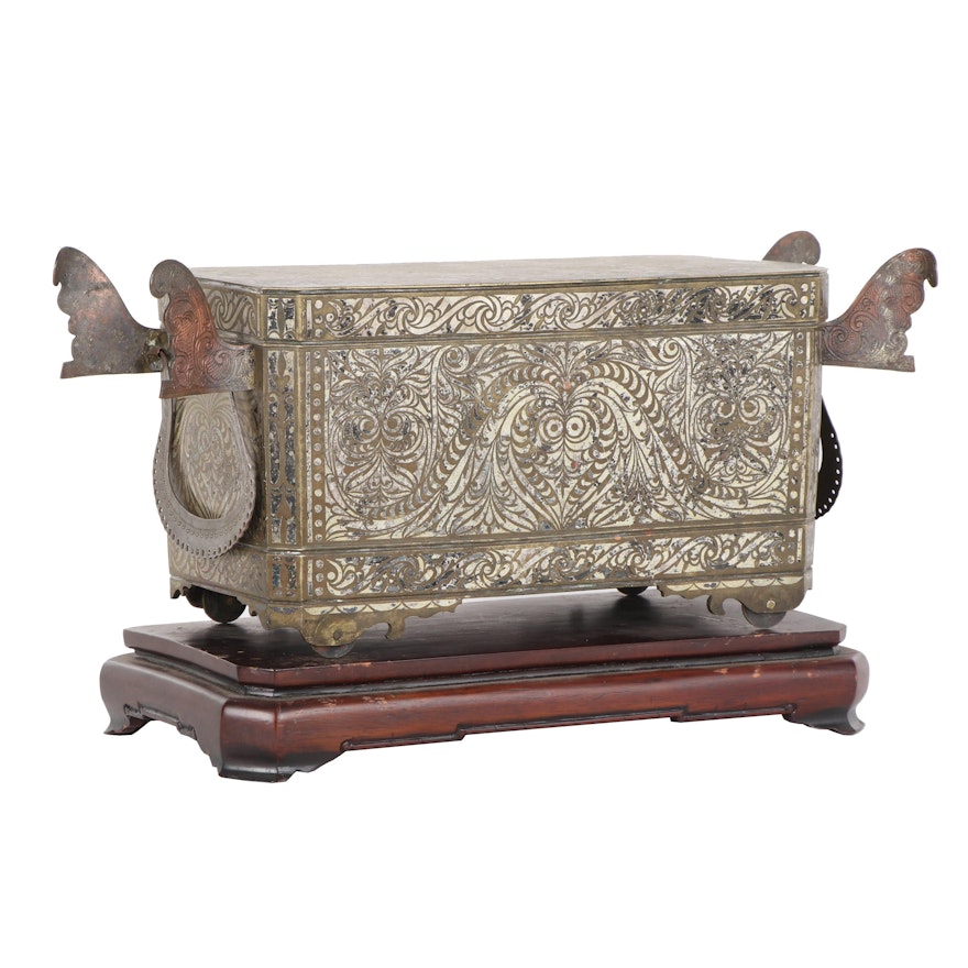 Mindanao Philippines Brass with Silver Tone Inlay Betel Box on Wood Stand