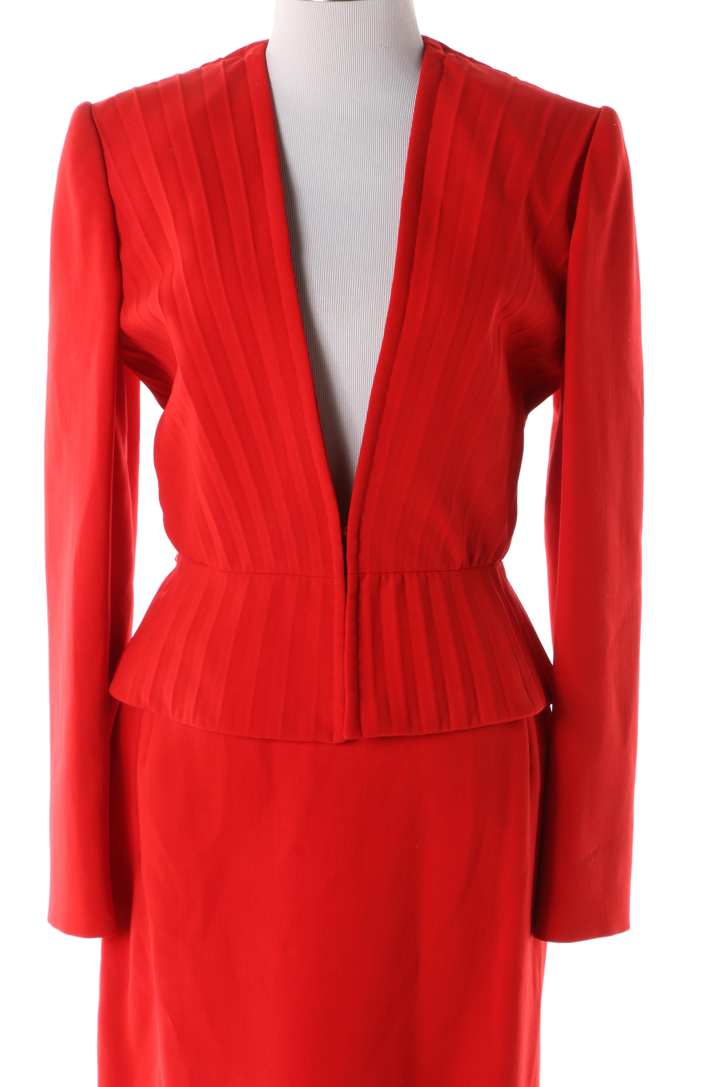 Women's Circa 2000 Valentino Red Plunging V-Cut Wool Skirt Suit