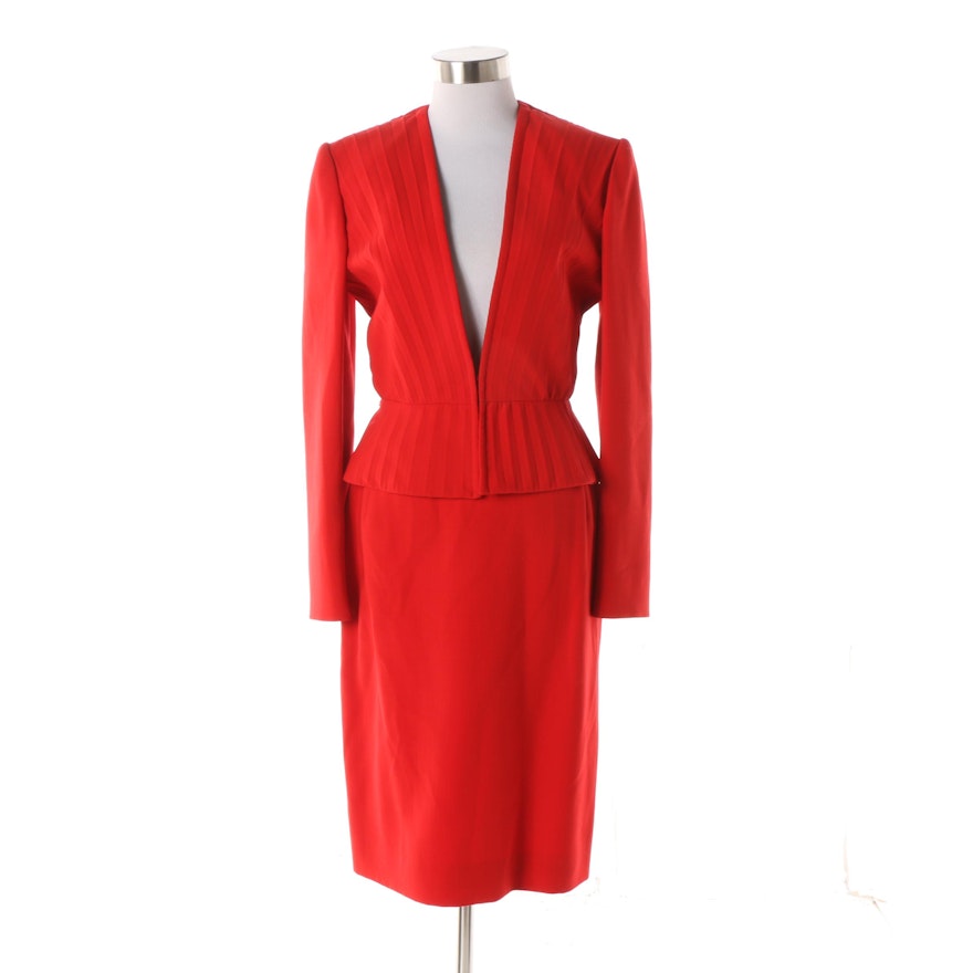 Women's Circa 2000 Valentino Red Plunging V-Cut Wool Skirt Suit