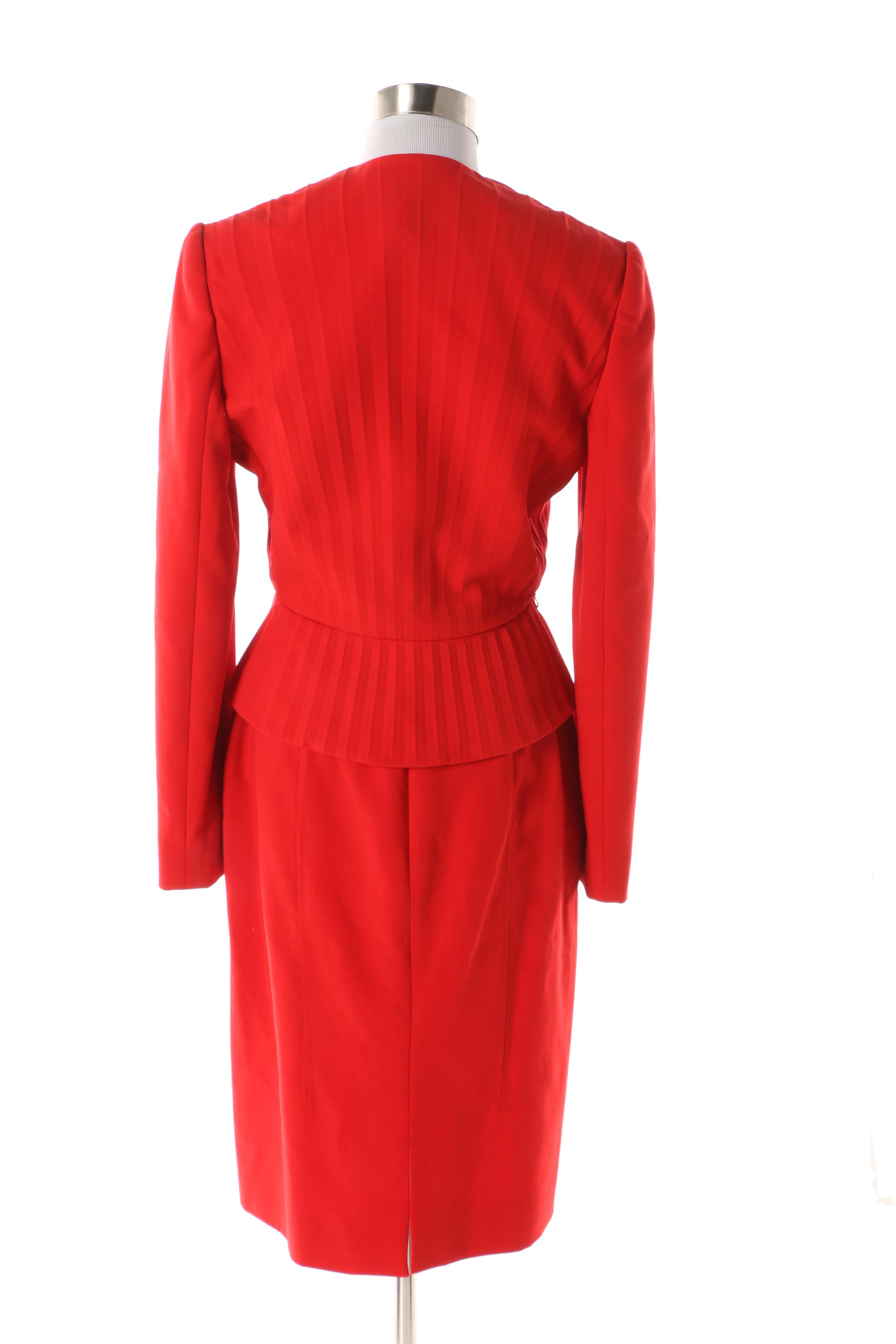 Women's Circa 2000 Valentino Red Plunging V-Cut Wool Skirt Suit