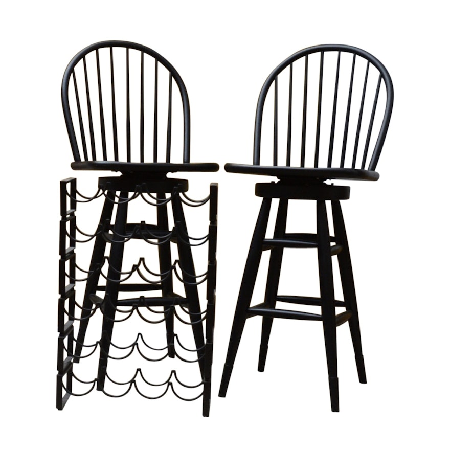 Contemporary Pair of Wood Windsor Swivel Seat Bar Stools and Metal Wine Rack