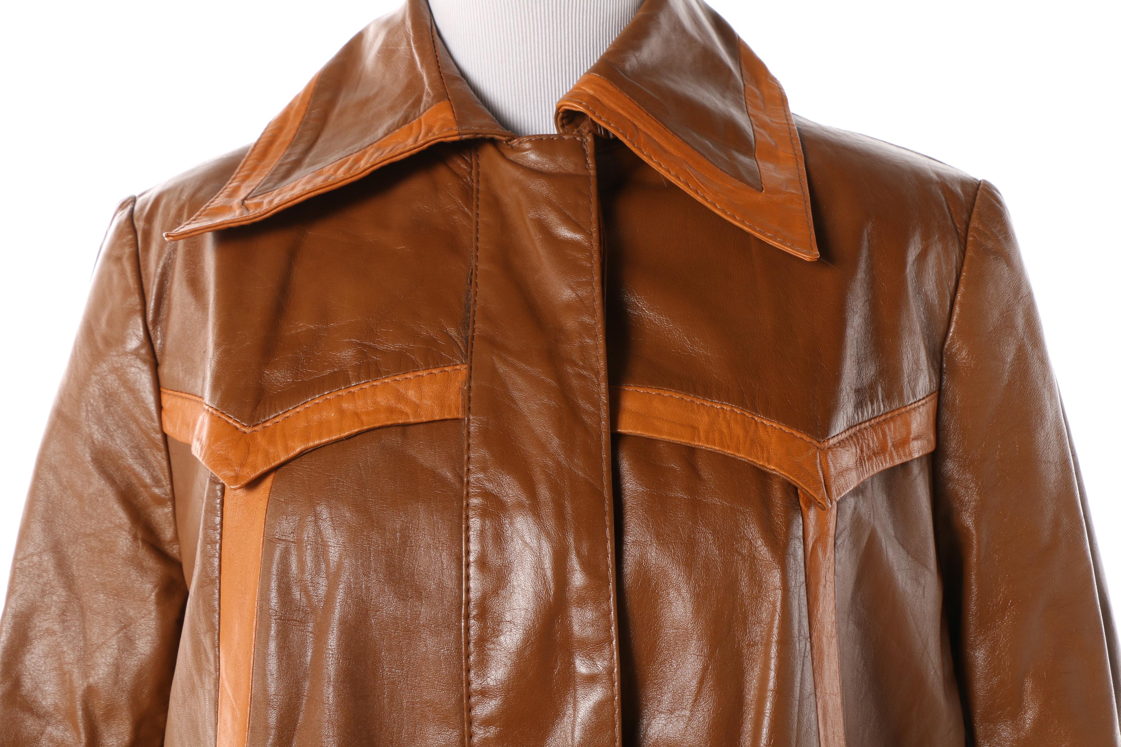 1970s Suburban Heritage Tan and Orange Leather Jacket with Colorblock Piping