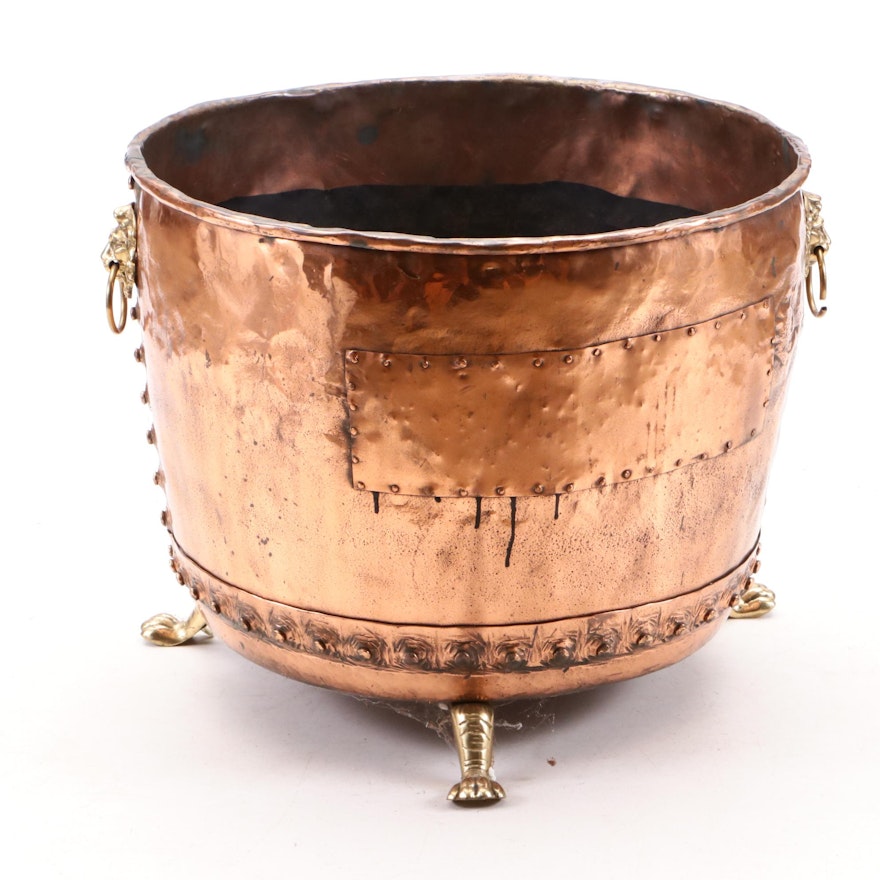 Copper and Brass Footed Cauldron with Lion Head Pull Handles