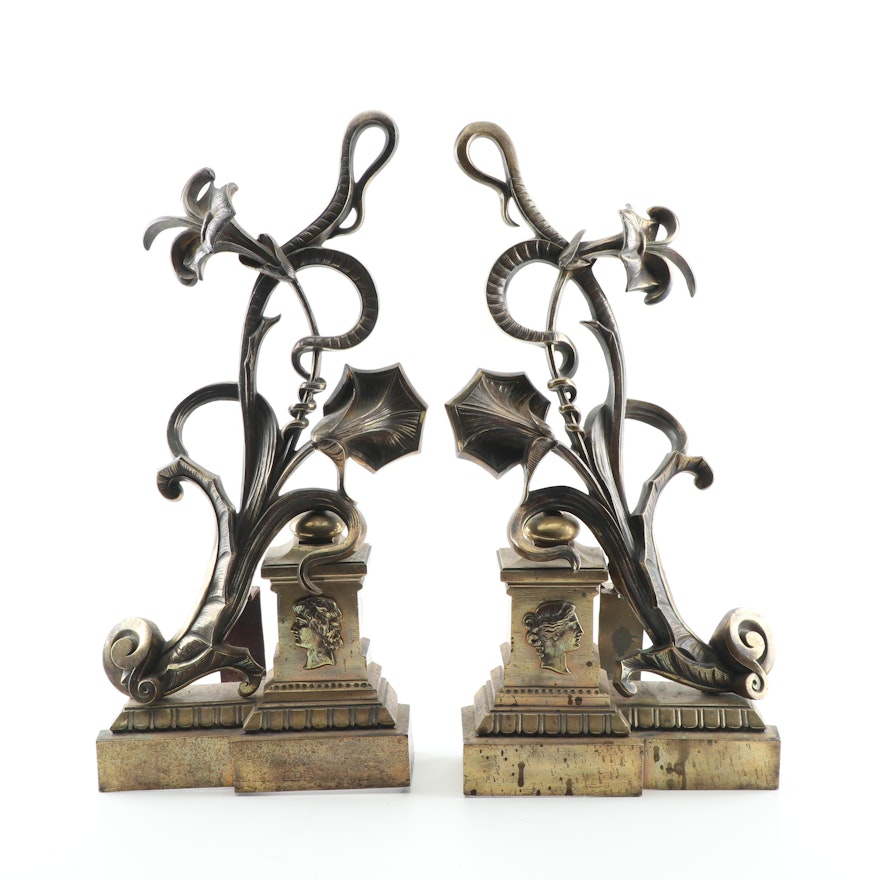 Cast Brass Art Nouveau Trumpet Vine Andirons, Early 20th Century