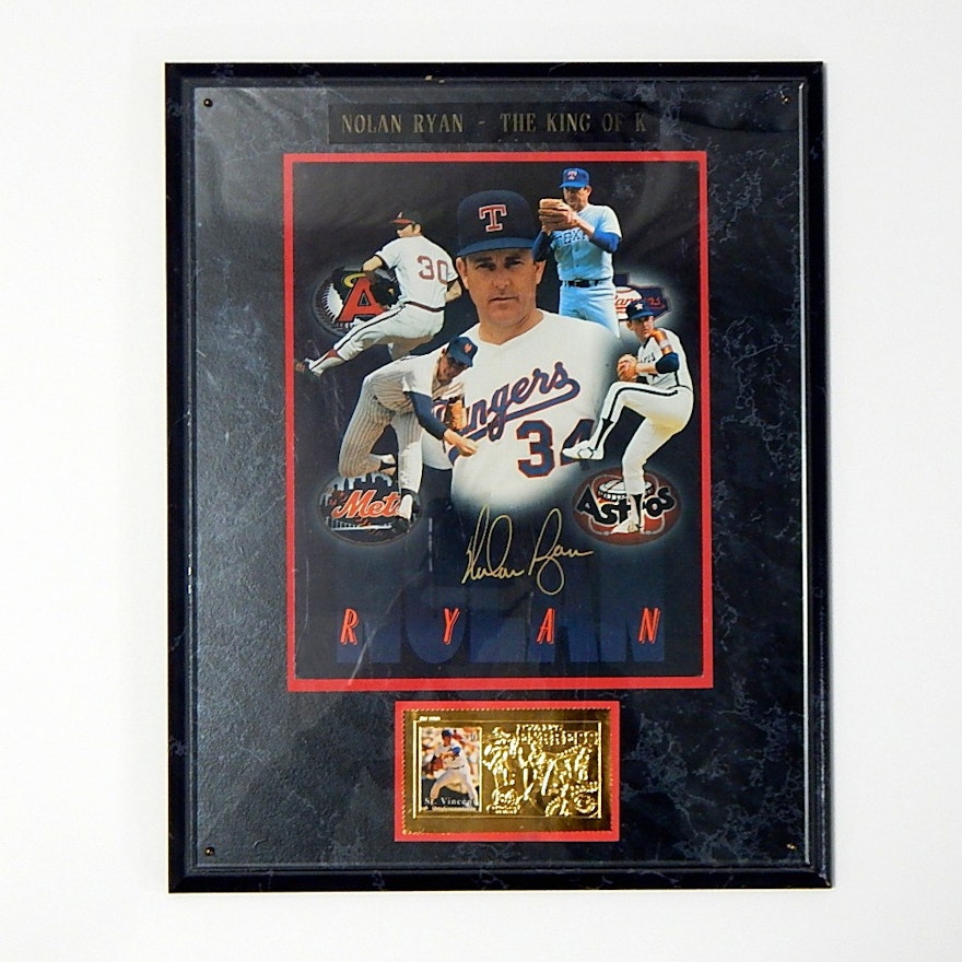 HOF Nolan Ryan "The King of K" Signed Photograph and $30 23KT Gold Stamp