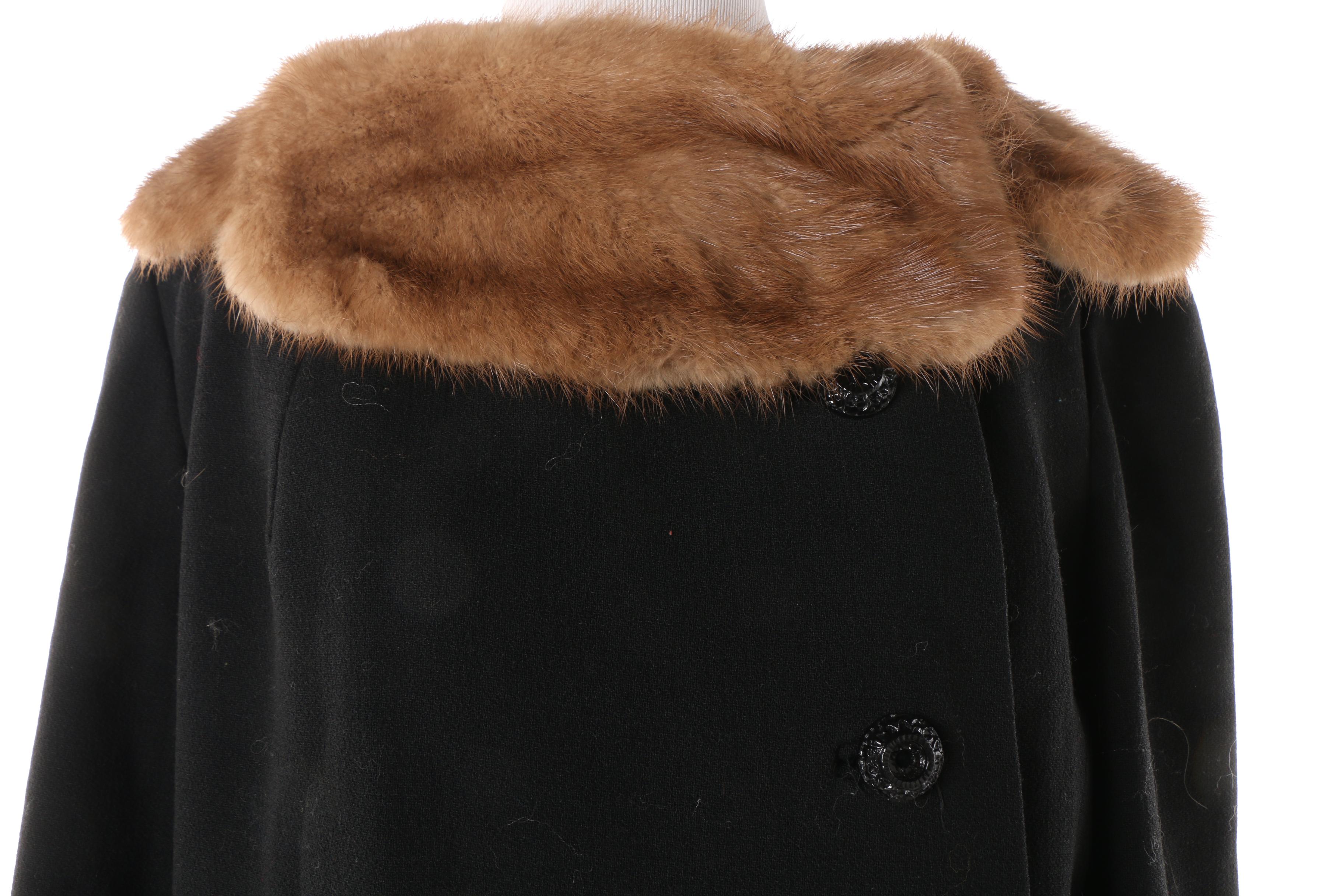 1950s Vintage Black Wool Coat with Light Brown Mink Fur Collar and Cuffs