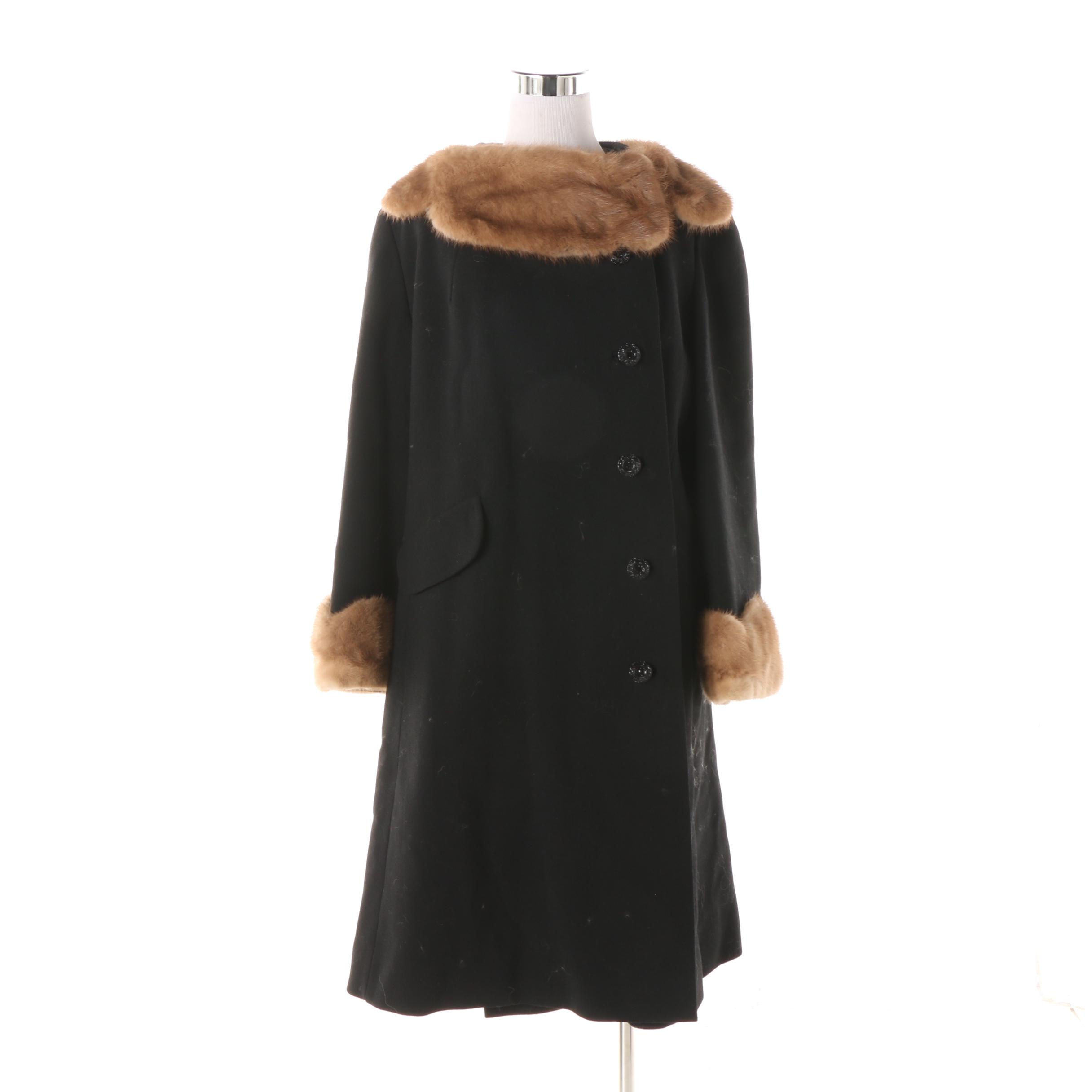 1950s Vintage Black Wool Coat with Light Brown Mink Fur Collar and Cuffs