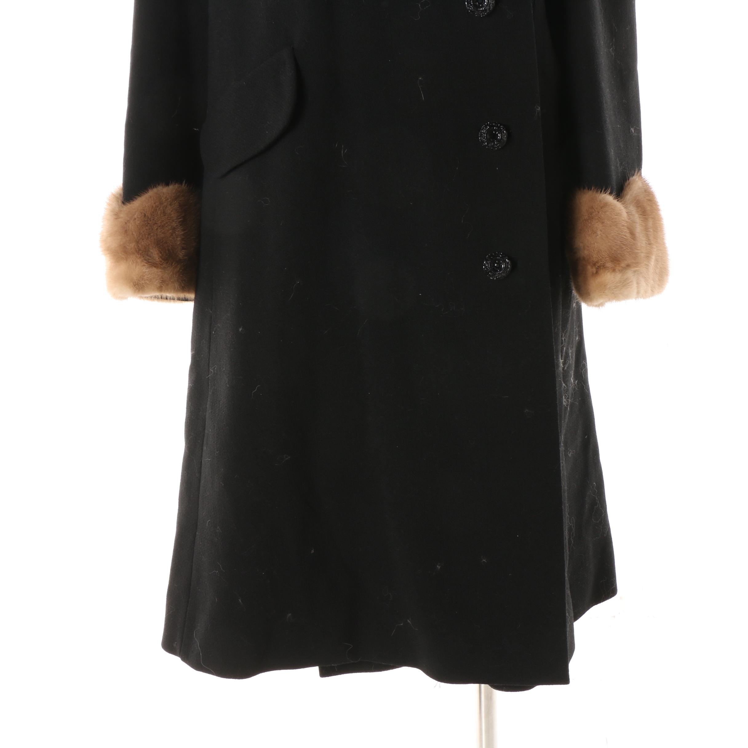 1950s Vintage Black Wool Coat with Light Brown Mink Fur Collar and Cuffs