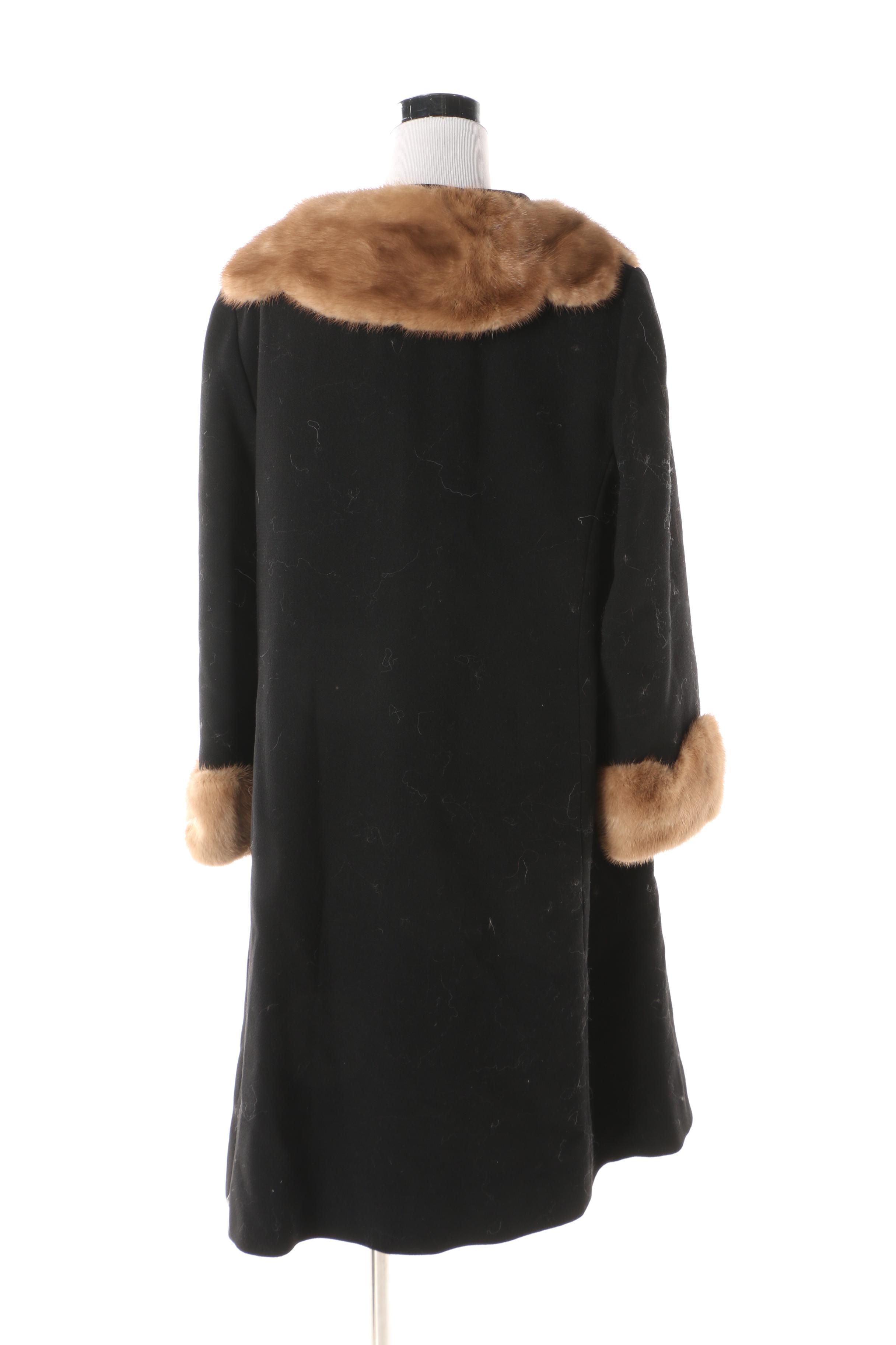 1950s Vintage Black Wool Coat with Light Brown Mink Fur Collar and Cuffs