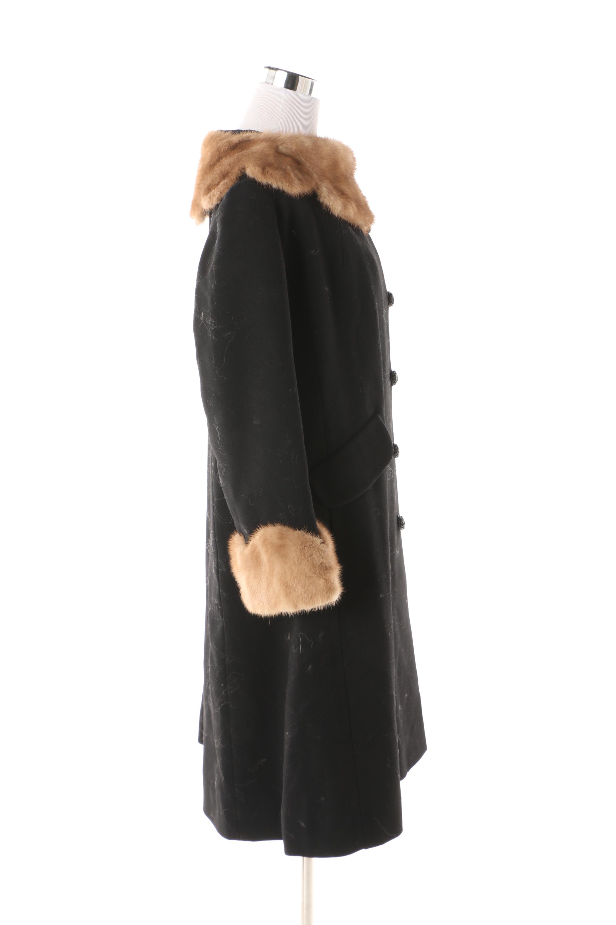 1950s Vintage Black Wool Coat with Light Brown Mink Fur Collar and Cuffs