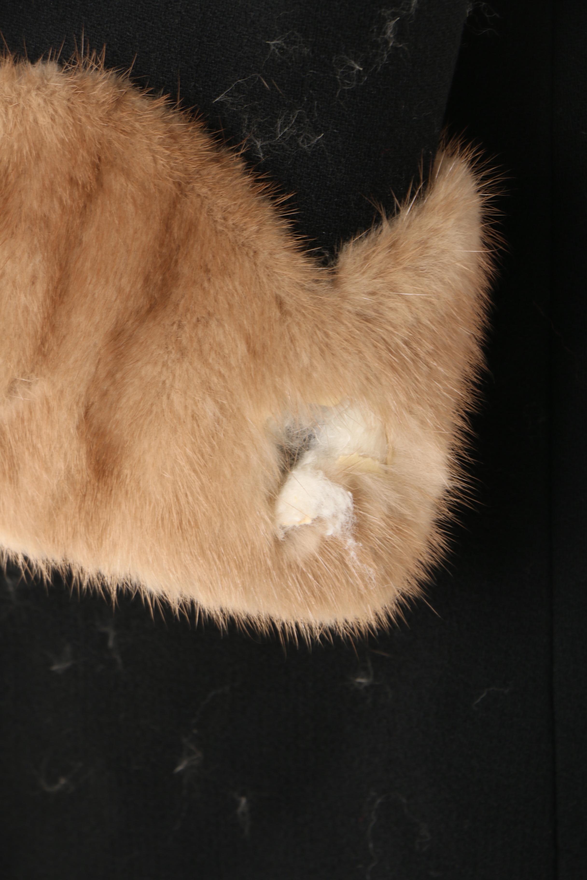 1950s Vintage Black Wool Coat with Light Brown Mink Fur Collar and Cuffs