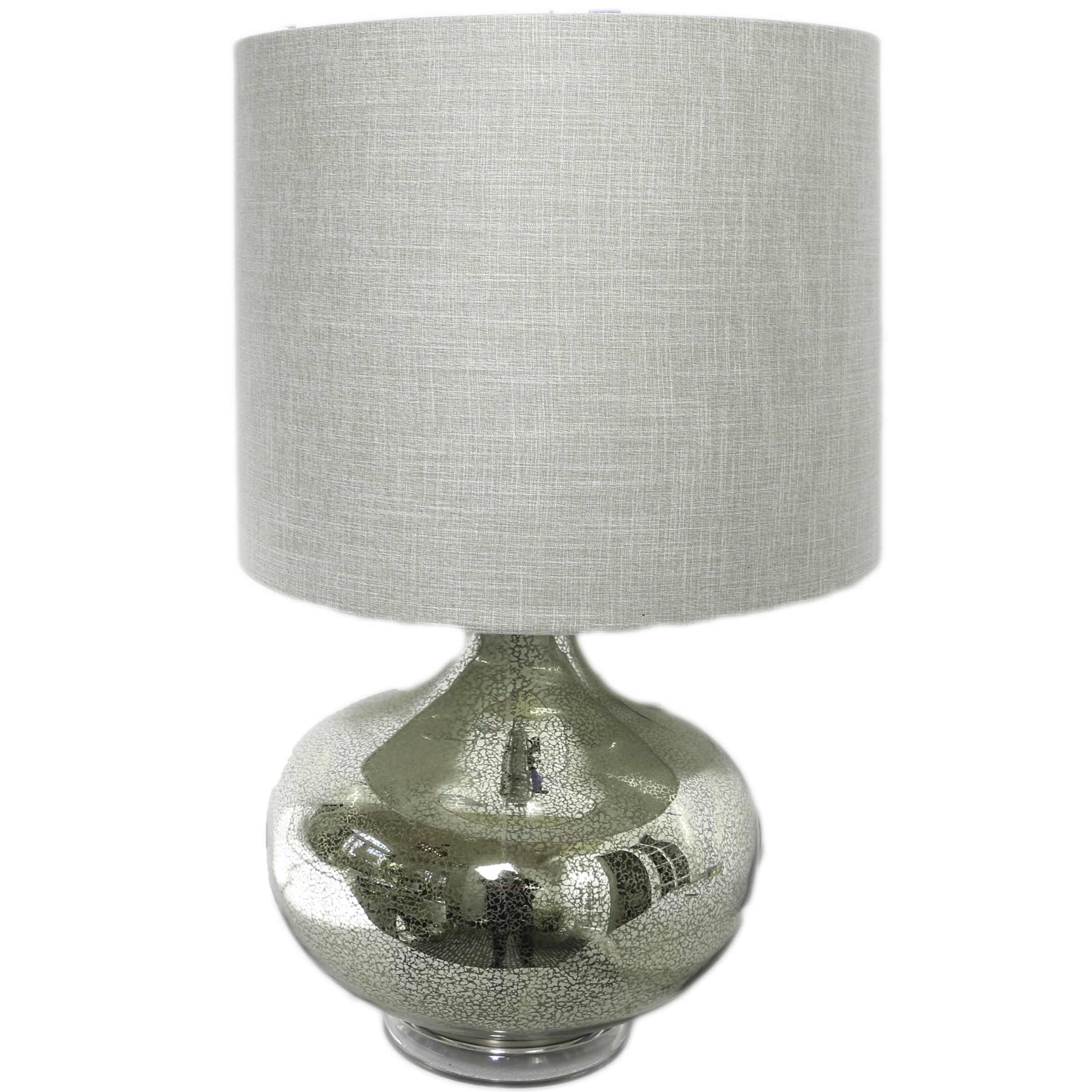Silver Tone Mercury Glass Style Squat Table Lamp with Drum Shade