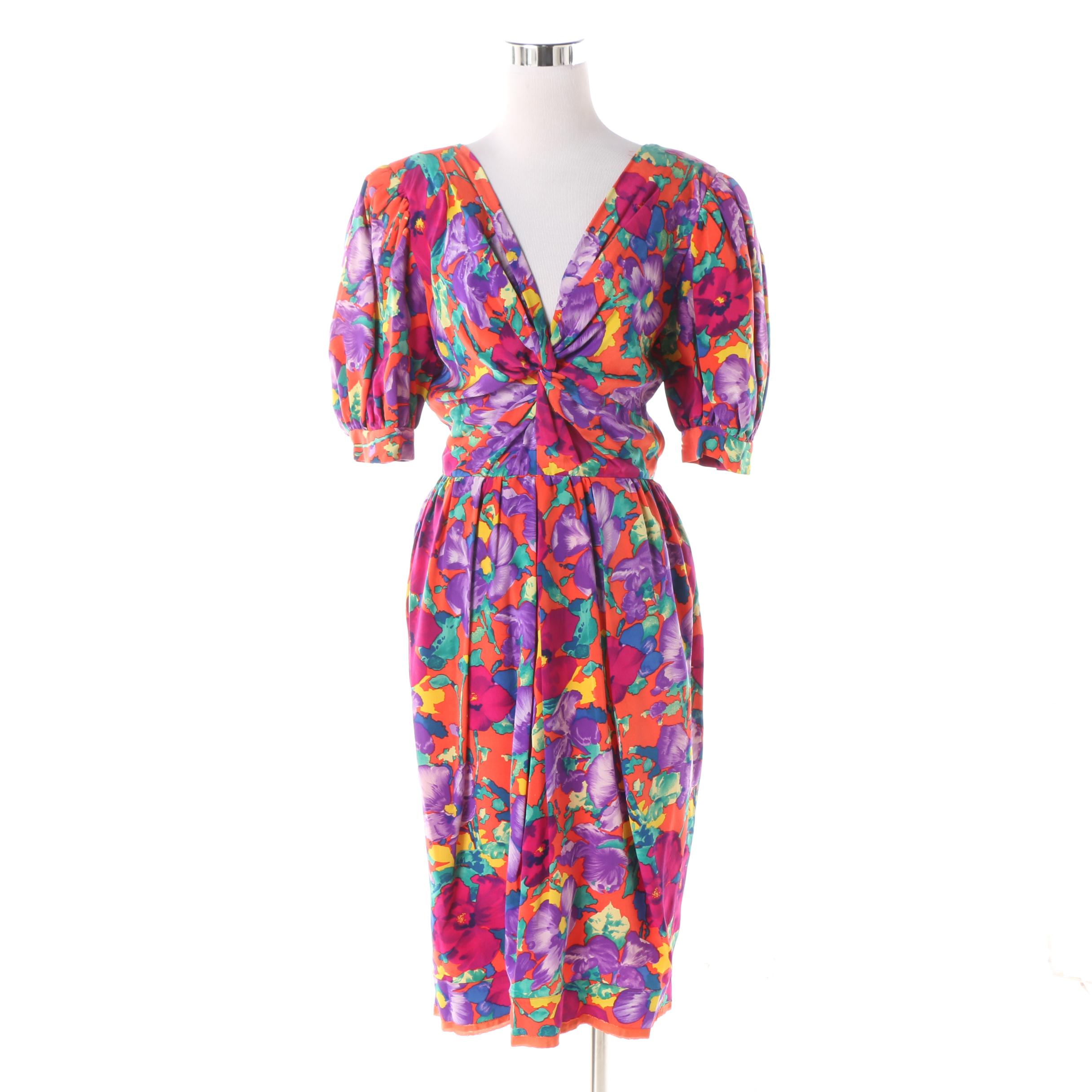 1980s Vintage Albert Nipon Multicolor Floral Silk Dress