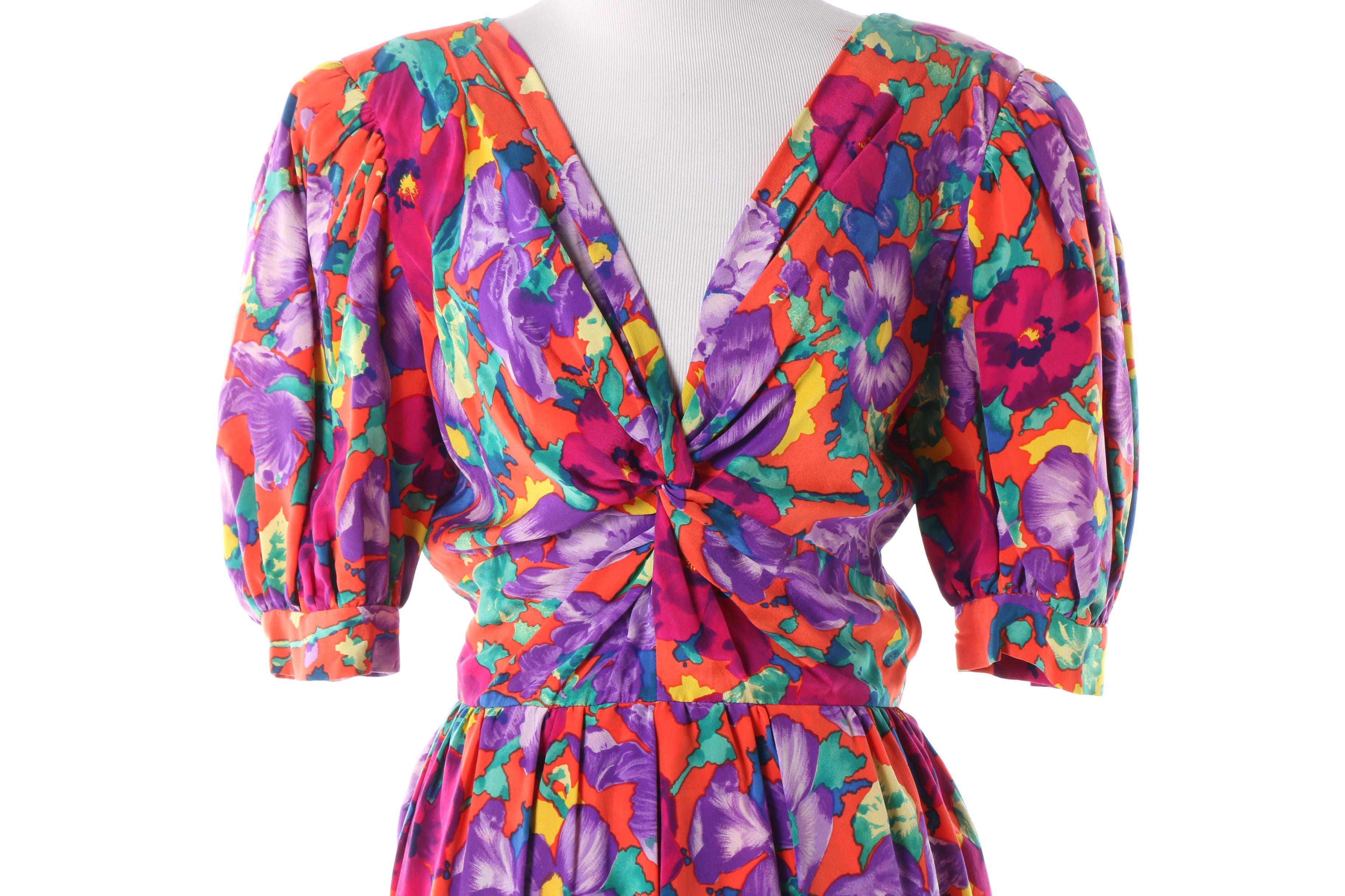 1980s Vintage Albert Nipon Multicolor Floral Silk Dress