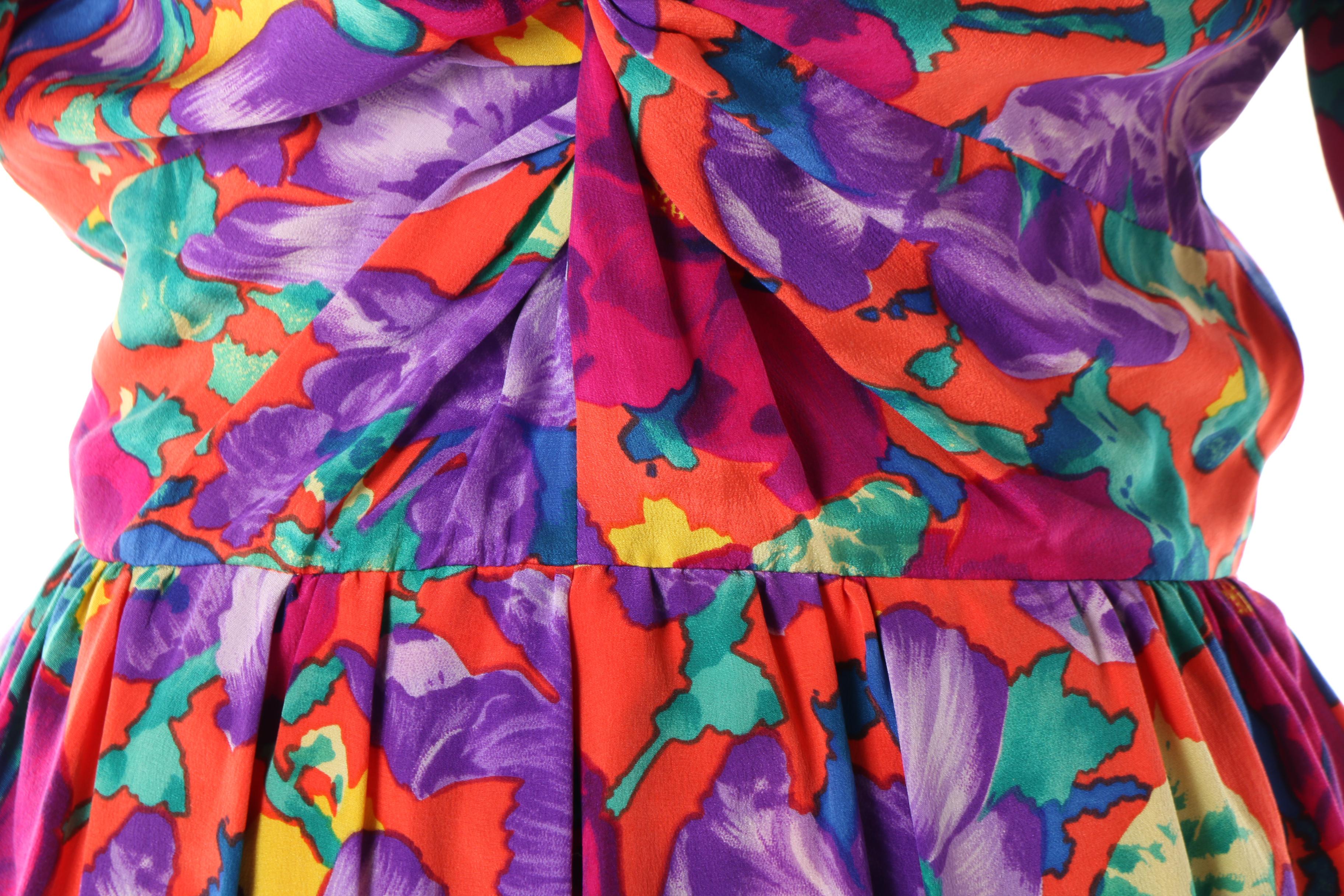 1980s Vintage Albert Nipon Multicolor Floral Silk Dress