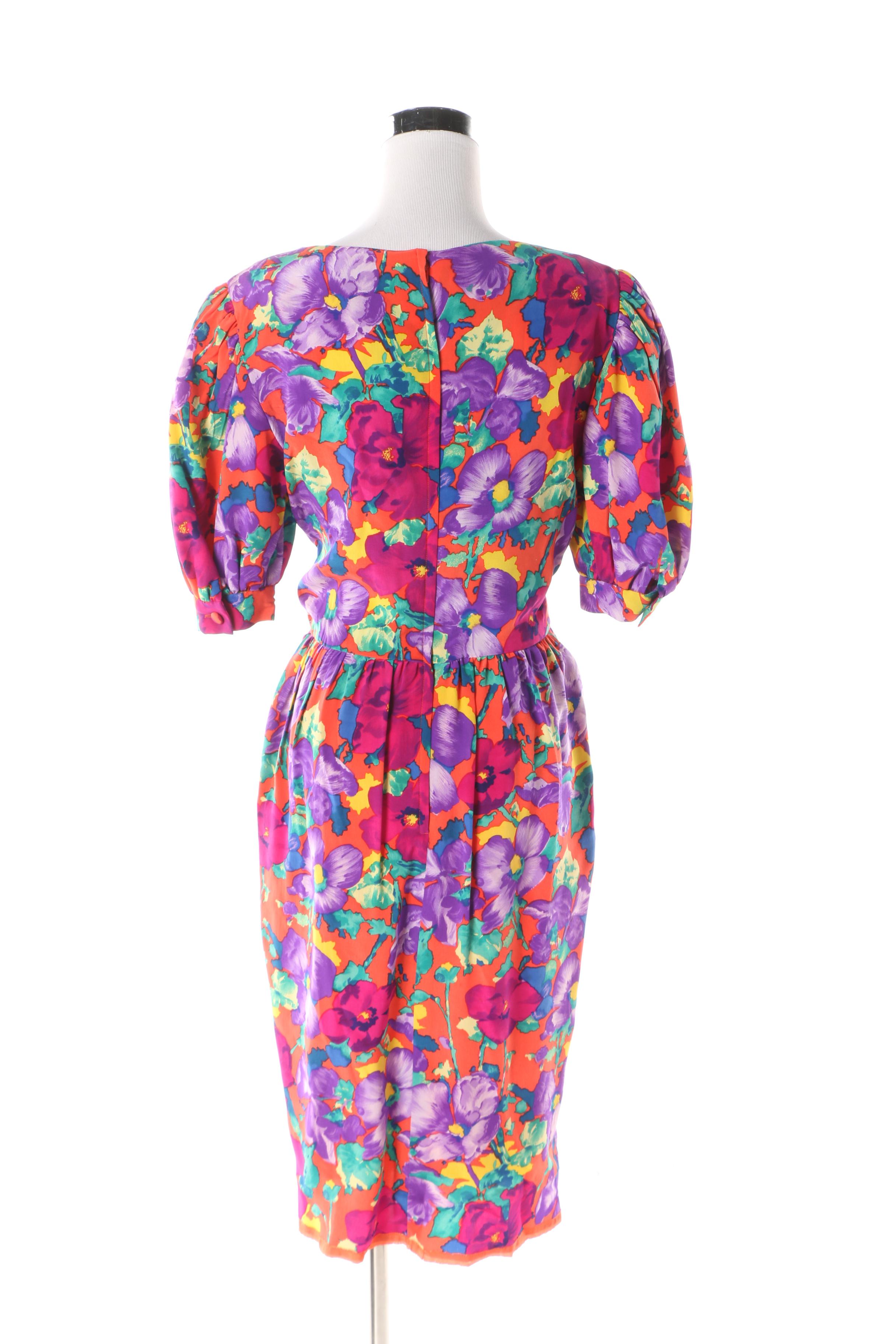 1980s Vintage Albert Nipon Multicolor Floral Silk Dress