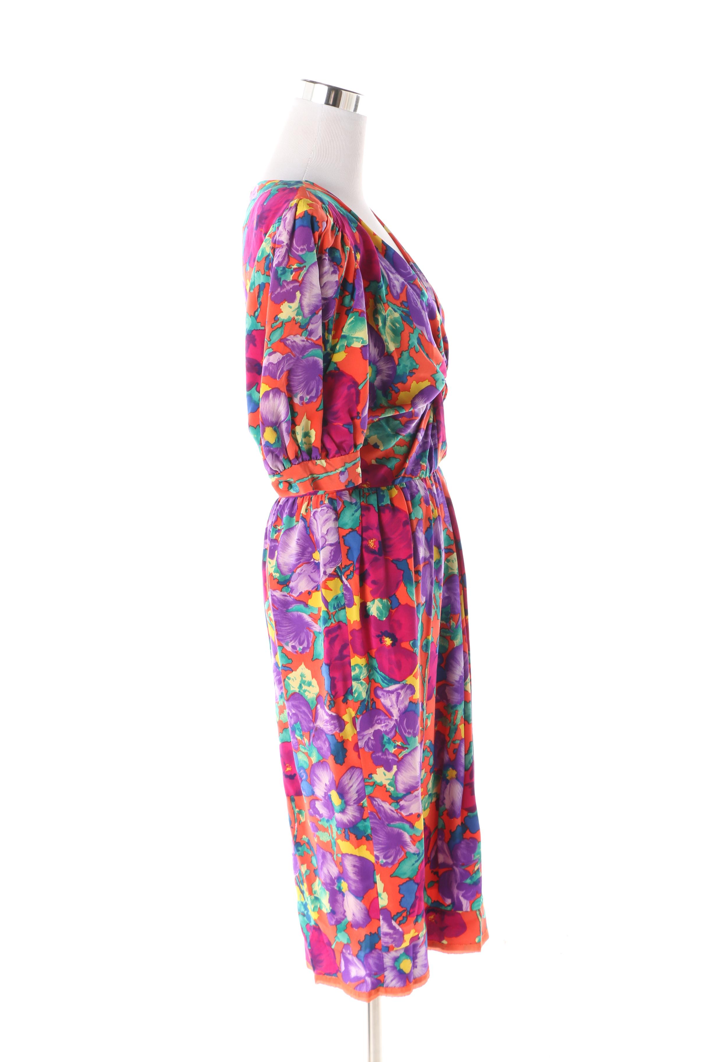 1980s Vintage Albert Nipon Multicolor Floral Silk Dress