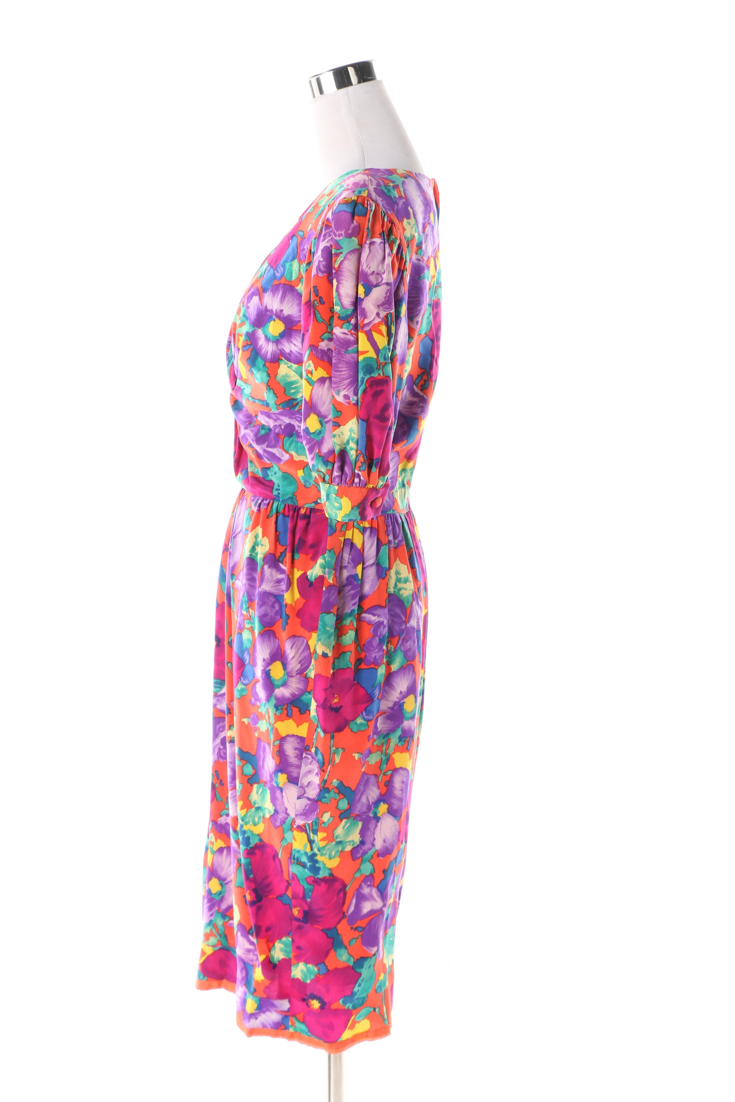 1980s Vintage Albert Nipon Multicolor Floral Silk Dress