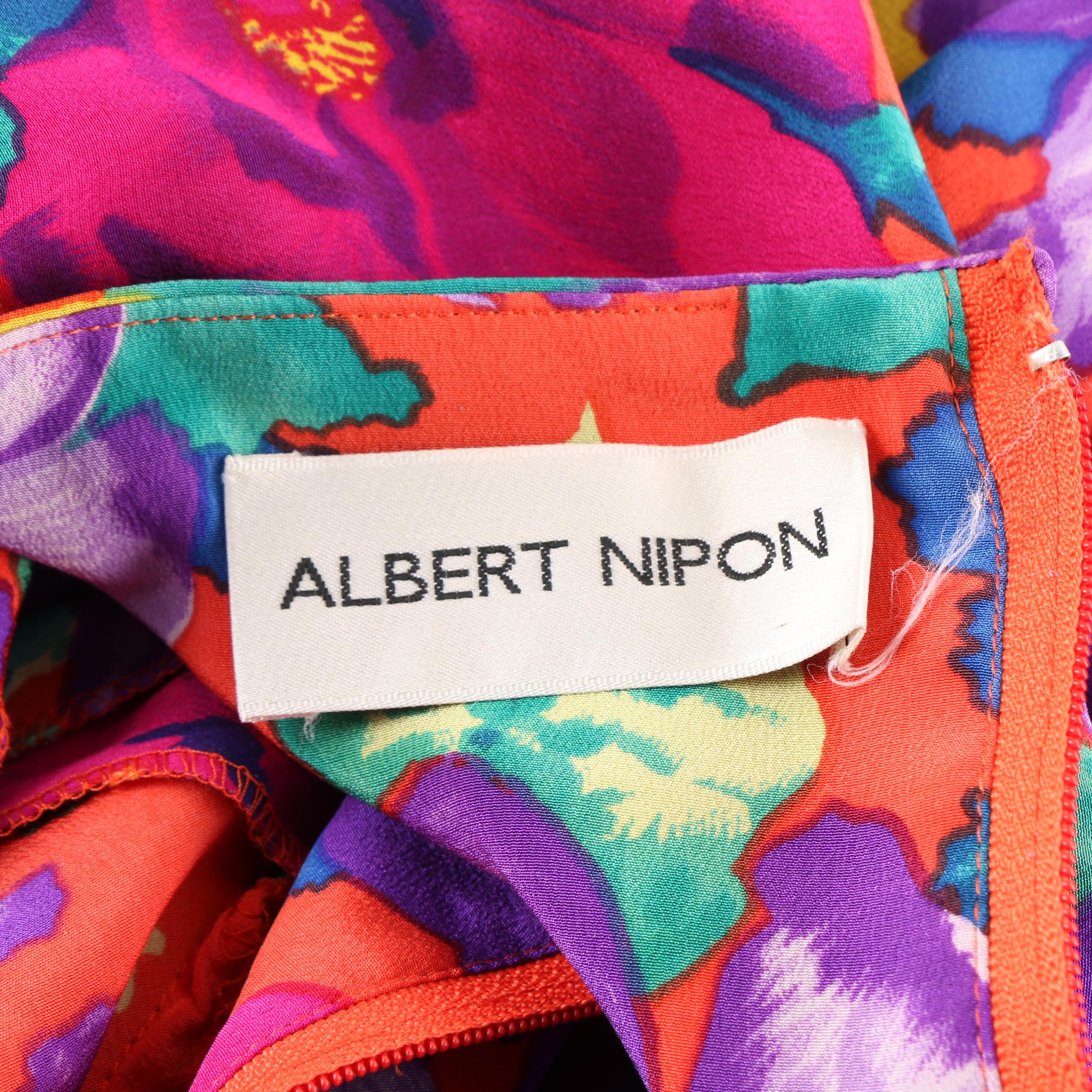 1980s Vintage Albert Nipon Multicolor Floral Silk Dress
