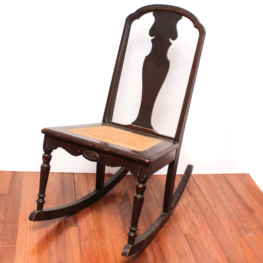 Jacobean Revival Walnut and Cane Rocking Chair, Early 20th Century EBTH