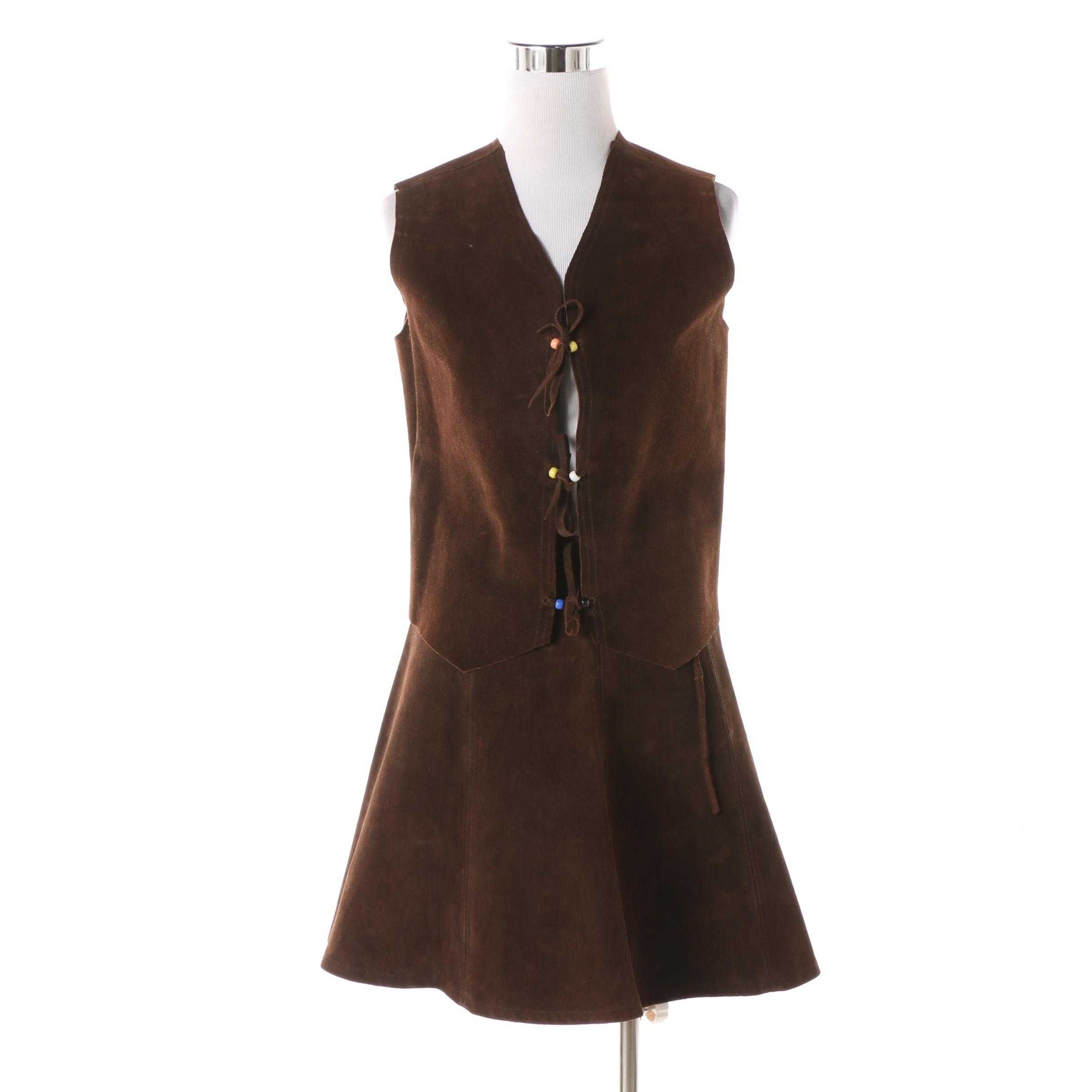 Women's 1970s Vintage Brown Suede Wrap Miniskirt and Vest with Tie Fastenings