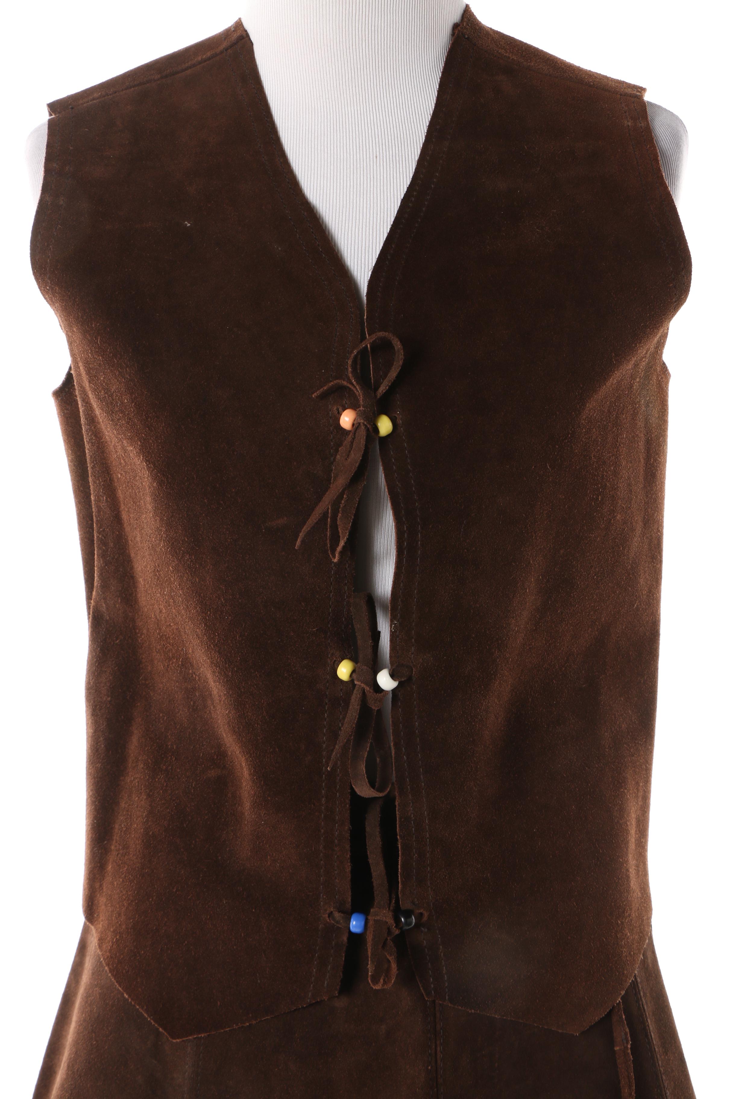 Women's 1970s Vintage Brown Suede Wrap Miniskirt and Vest with Tie Fastenings