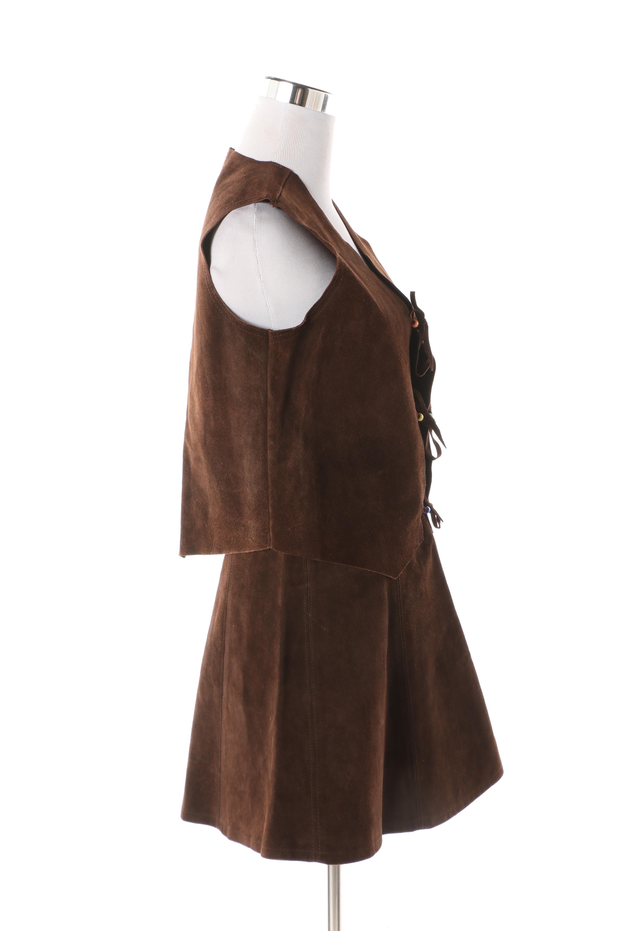 Women's 1970s Vintage Brown Suede Wrap Miniskirt and Vest with Tie Fastenings