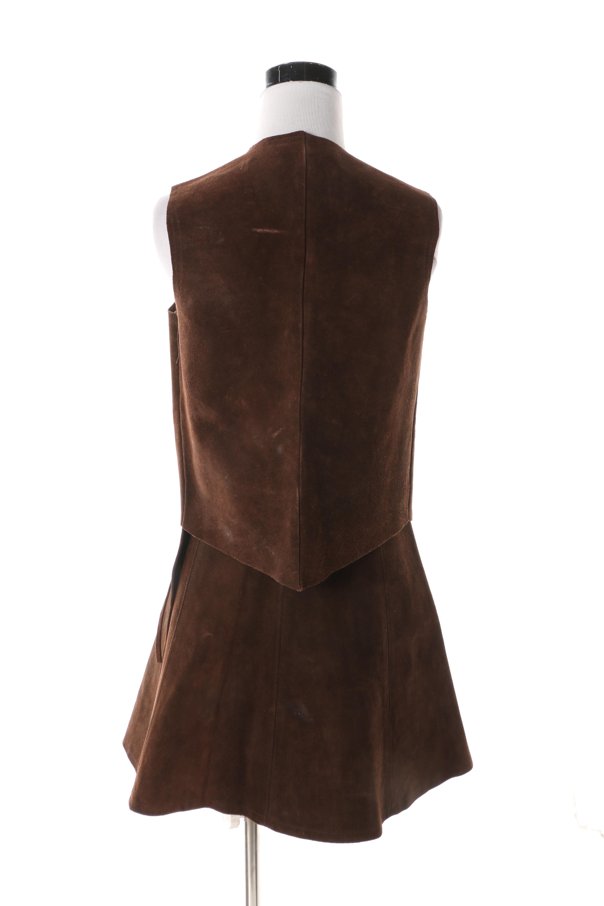 Women's 1970s Vintage Brown Suede Wrap Miniskirt and Vest with Tie Fastenings