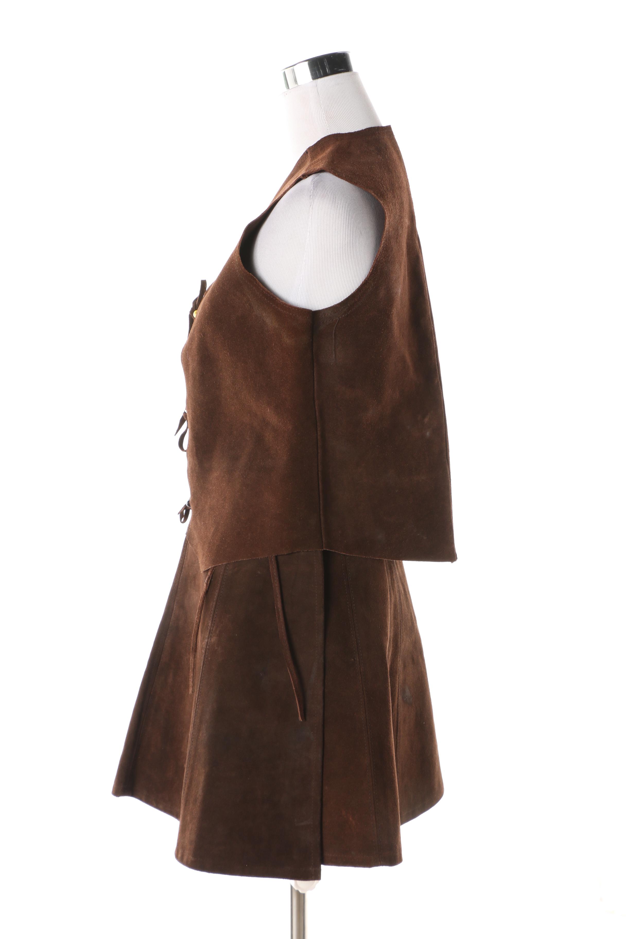 Women's 1970s Vintage Brown Suede Wrap Miniskirt and Vest with Tie Fastenings