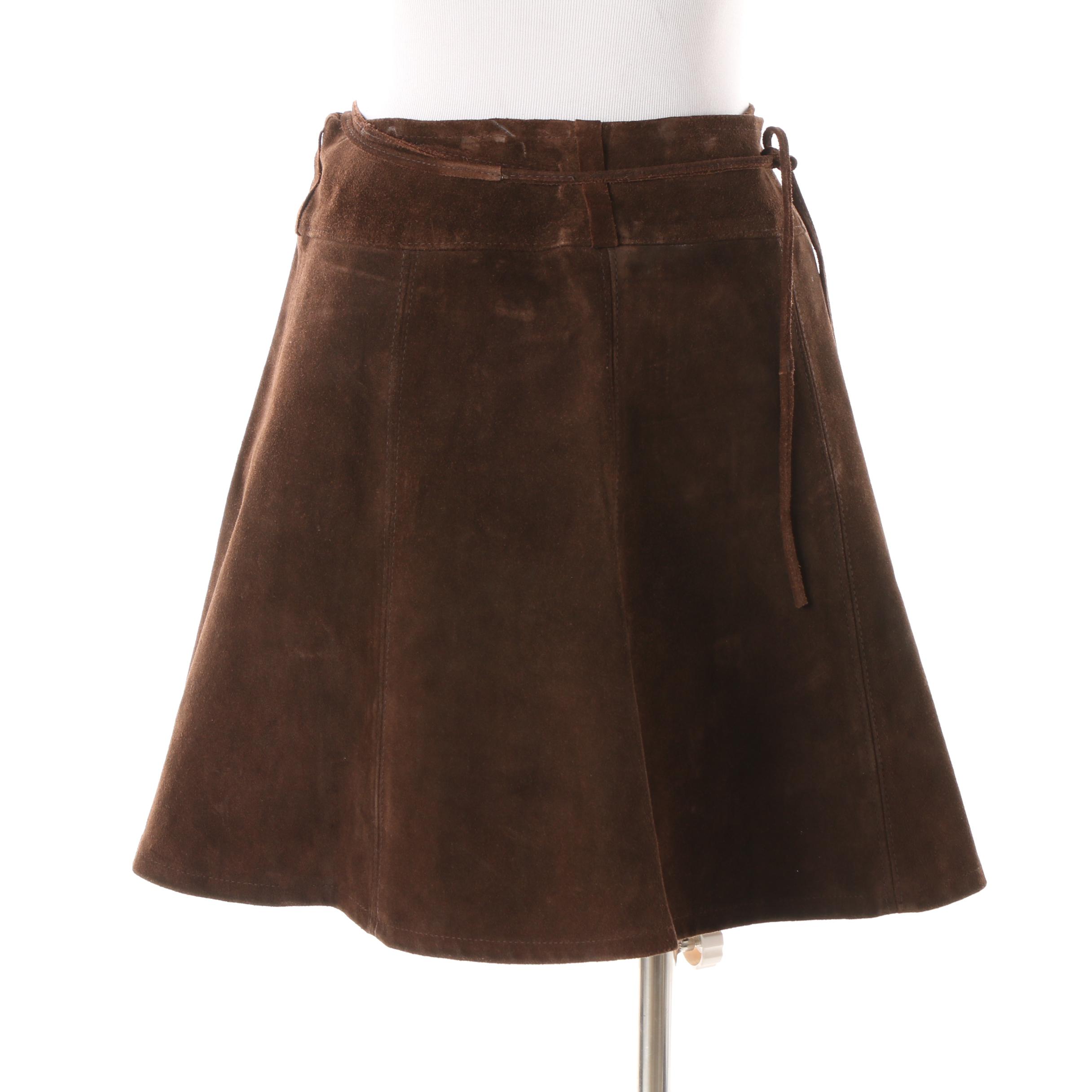 Women's 1970s Vintage Brown Suede Wrap Miniskirt and Vest with Tie Fastenings