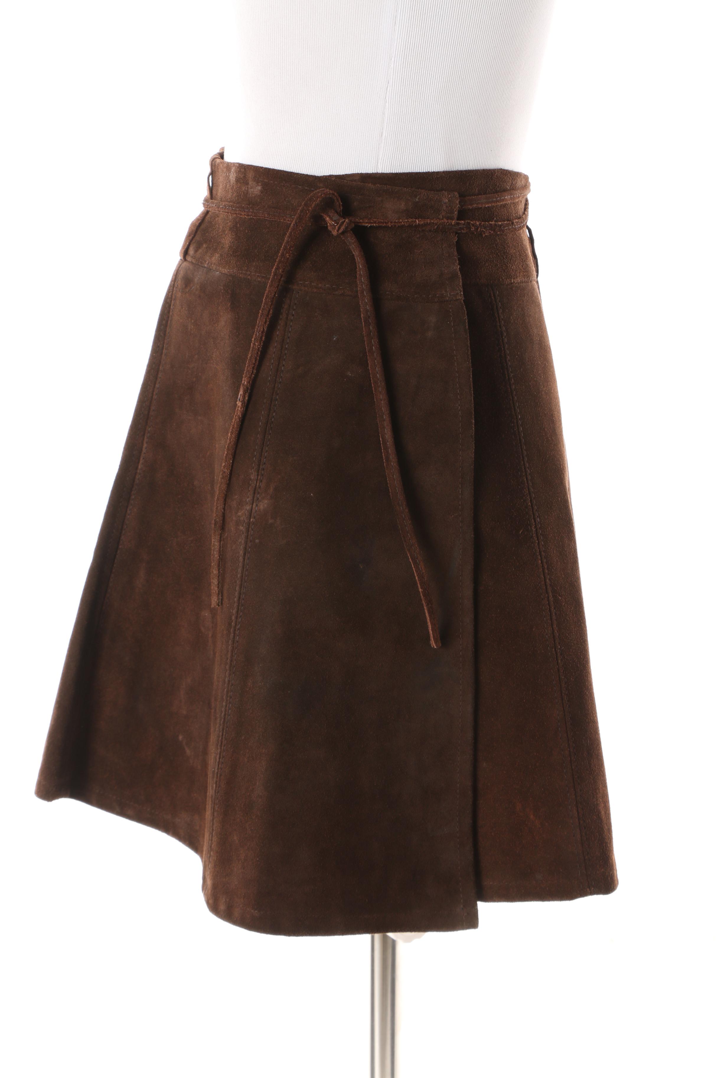 Women's 1970s Vintage Brown Suede Wrap Miniskirt and Vest with Tie Fastenings