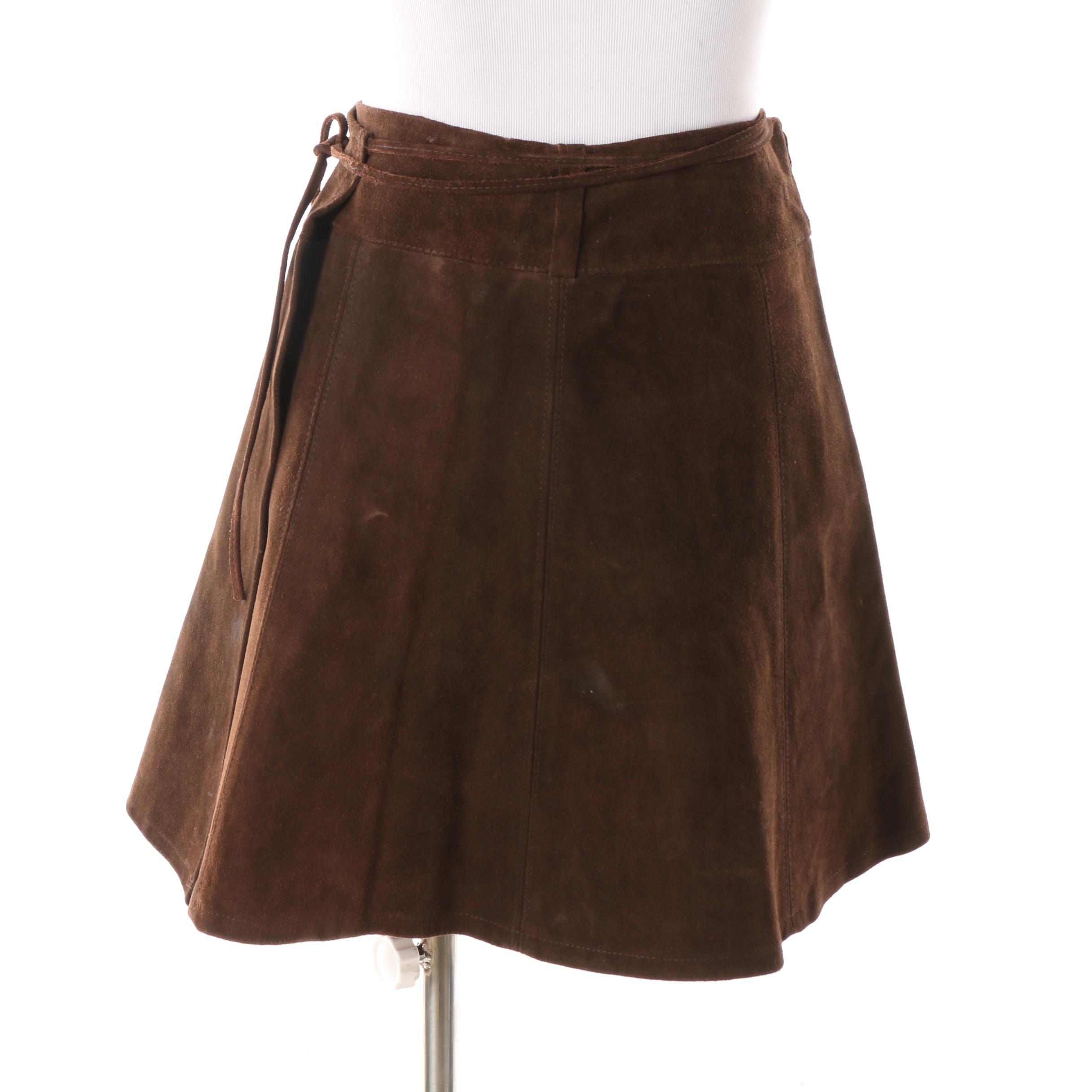 Women's 1970s Vintage Brown Suede Wrap Miniskirt and Vest with Tie Fastenings