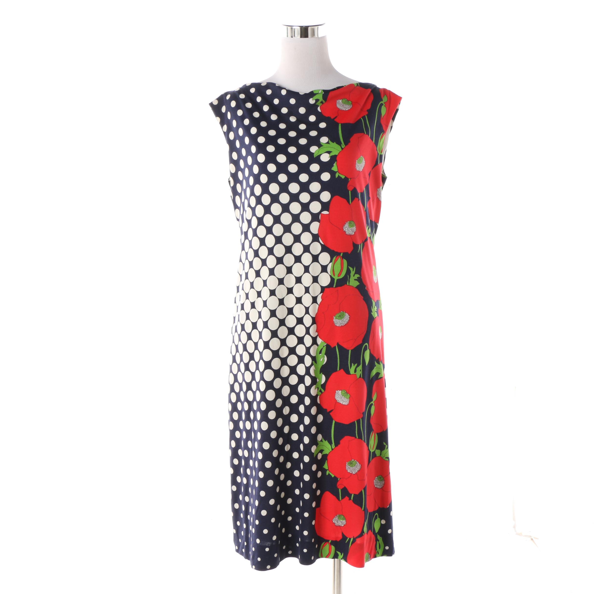 1960s Vintage Adele Simpson Floral Polka Dot Jersey Sheath Dress