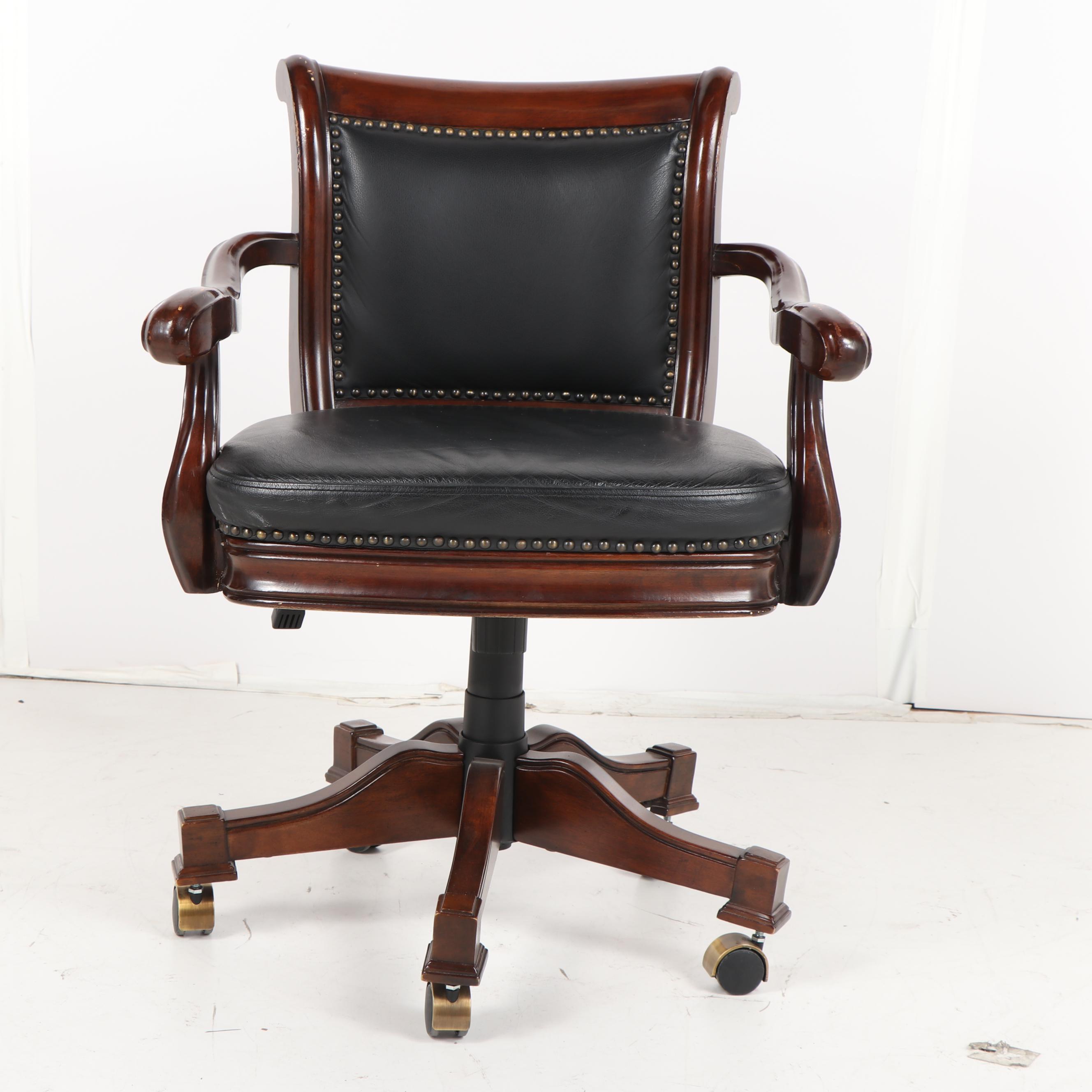 Leather Upholstered Stained Poplar Office Armchairs on Casters, 20th Century