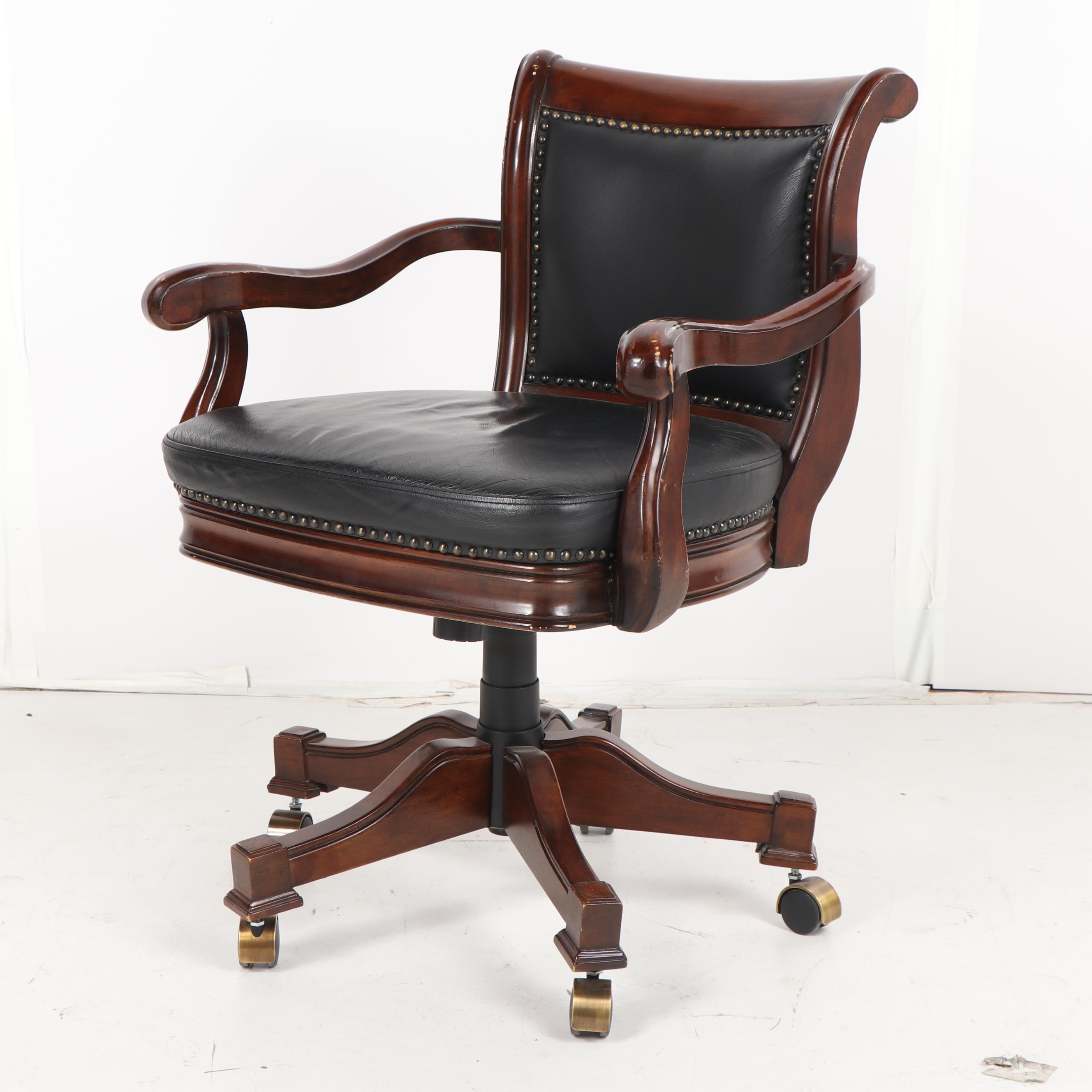 Leather Upholstered Stained Poplar Office Armchairs on Casters, 20th Century